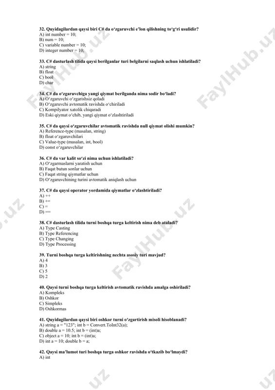 d) oshkormas 41. quyidagilardan qaysi biri oshkor turni oʻzgartirish misoli hisoblanadi? a) string a = "123"; int b = convert.toint32(a); b) double a = 10.5; int b = (int)a; c) object a = 10; int b = (int)a; d) int a = 10; double b = a; 42. qaysi maʼlumot turi boshqa turga oshkor ravishda oʻtkazib boʻlmaydi? a) int b) float c) string d) double 43. oshkormas turni oʻzgartirish qanday amalga oshiriladi? a) autoconvert(value, type) b) convert.type(value) c) implicitcast(value, type) d) (type) value 44. quyidagi qaysi kod fragmenti oshkormas turga oʻtkazish misoli hisoblanadi? a) string s = "5"; int b = convert.toint32(s); b) double a = 9.8; int b = (int)a; c) bool flag = true; int x = flag; d) int a = 10; double b = a; 45. c# tilida convert sinfi nima uchun ishlatiladi? a) berilgan turdagi qiymatni boshqa turga oʻtkazish uchun b) massivlarni qayta ishlash uchun …