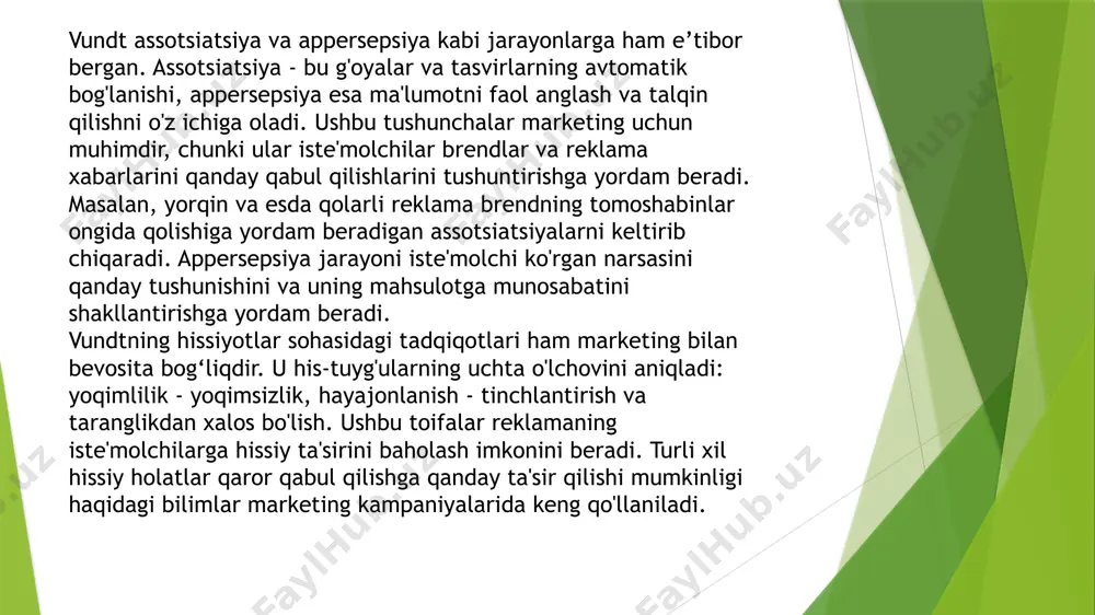 gan kampaniyalarni yaratish kabi ko'plab marketing usullari vundt ishida ildiz otgan. 2. a. uxtomskining dominant nazariyasi va iste’molchilar khulk-atvori. aleksey alekseevich uxtomskiy - neyrofiziologiya va psixologiya rivojlanishiga katta hissa qo'shgan taniqli rus fiziologi. uning hukmronlik nazariyasi inson xulq-atvorini, shu jumladan iste'molchi xatti-harakatlarini tushunishga ta'sir qiluvchi asosiy ilmiy yutuqlardan biriga aylandi. dominant, uxtomskiyning fikriga ko'ra, markaziy asab tizimidagi qo'zg'alishning barqaror o'chog'i bo'lib, u vaqtinchalik inson xatti-harakatlarini belgilaydi, tananing diqqatini va resurslarini aniq maqsadga erishishga qaratadi. bu hodisa bevosita marketing psixologiyasi bilan bog'liq, chunki u iste'molchilarning xohish-istaklari va motivlari qanday shakllanganligini tushuntirishga yordam beradi. uxtomskiyning fikricha, hukmronlik ichki va tashqi omillar, ya'ni biologik ehtiyojlar, hissiy holatlar va atrof-muhit ta'siri ostida yuzaga keladi. iste'molchi xulq-atvori nuqtai nazaridan, bu reklama, atrof-muhit va insonning shaxsiy ehtiyojlari ularning tanloviga ta'sir qiluvchi ma'lum dominant holatlarni yaratishi mumkinligini anglatadi. masalan, cheklangan ta'minotga urg'u beradigan yorqin reklama ("faqat bugun", "maxsus narx") odamda dominant holatni keltirib chiqarishi mumkin, uni darhol …