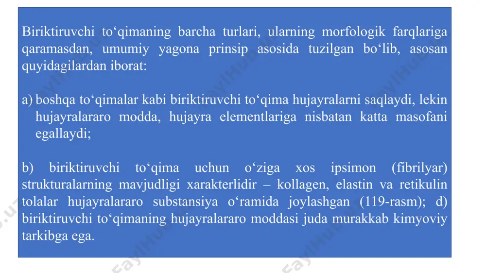 istein saqlaydi; shuningdek ular tarkibida qaytariluvchi kollagensimon gly-pro-hyp ketma-ketliklar bor. faqat c–oxirdagi domenlar zanjirlar o‘rtasida disulfid bog‘larga ega. prokollagen molekulalarining 450 protsessingi hujayra tashqarisida proteolitik fermentlar ta’sirida bo‘ladi. bu fermentlar ikkala domenni olib tashlaydi va natijada tropokollagen hosil bo‘ladi. prokollagen va tropokollagen zanjirlari qator posttranslyatsion modifikatsiyalarga uchraydi, ular kollagenning o‘ziga xos strukturasini shakllanishida muhimdir. oksiprolin va oksilizin prokollagen molekulasida biosintez davrida bo‘lmaydi. ular prolin va lizinni gidroksillanishi natijasida, kollagen mrnksi translyatsiyasi davrida ribosomalarda polipeptid ajralguncha sodir bo‘ladi va uch spiralli struktura hosil bo‘lgandan keyin bu jarayon tugaydi. gidroksillanish reaksiyalari prolingidroksilaza, lizingidroksilaza ta’sirida boradi, ular mikrosoma membranalari bilan bog‘langan bo‘lib, fe+2, askorbat kislota, α-ketoglutarat, o2 ishtirokida reaksiya boradi: askorbat kislota yetishmovchiligi asosan mezenximal hujayralar funksiyasining buzilishi bilan bog‘liqdir. kollagen va xondroitinsulfat sintezi buziladi. hosil bo‘lgan kollagenda oksiprolin kam bo‘ladi. og‘ir kechuvchi singada biriktiruvchi to‘qima asosiy moddasining hosil bo‘lishi buziladi, bu to‘qima asosiy strukturalarining depolimerlanishi va erishi vujudga keladi, natijada davolangan eski …