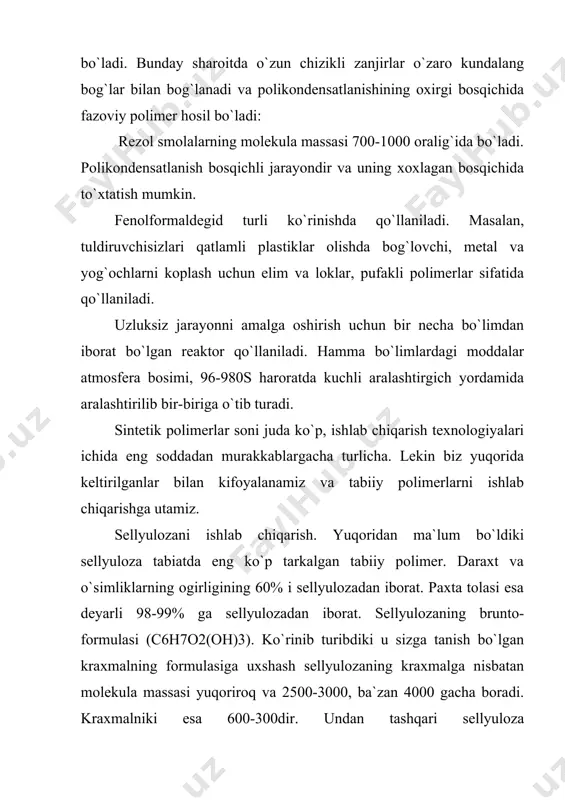 dorod bog`lari mavjud. shuning uchun u tola beradi, erituvchilarda erimaydi va qizdirganda 2000s atrofida yumshashga ulgurmay parchalanib ketadi. sellyulozani barcha turlari alanga ta`sirida yonadi. yog`ochda sellyulozadan tashqari boshqa moddalar ham bor. masalan, analizlarga qaraganda archa daraxtining tarkibi quyidagidan iborat: sellyuloza (ishqorlar eritmasida erimaydi) - 47%, gemisellyuloza (sellyuloza o`hshash, lekin konsentrlangan ishqorda eriydi) - 20%. lignin - 30%, yog`och mumi va boshqa moddalar- 3% sun`iy moylar, viskoza shtapelg` tolasini olish uchun toza sellyuloza kerak. uning uchun yog`ochdan lignin va mumlarni chiqarib yuborish kerak. bu maksadda yog`ochni moylab bir necha yuz kubometrli qurilmalarda bosim ostida kalsiy bisulfit eritmasi (sulfit usuli) yoki ishqoriy eritma va (sulfat usul) ishtirokida pishiriladi. lignin eritmada utadi, sellyuloza esa erimaydi. u tozalab, oqartirib, kuritiladi va tegishli joylarga junatiladi. hosil bo`lgan eritmalar esa qayta ishlanib undan ko`p kerakli moddalar olinadi. paxta sellyulozasini ishlab chiqarish hozirgi vaqtda 10 mln. t ga yaqin sellyuloza olinadi. paxta sellyulozasini ishlab chiqarish uchun xom-ashyo …