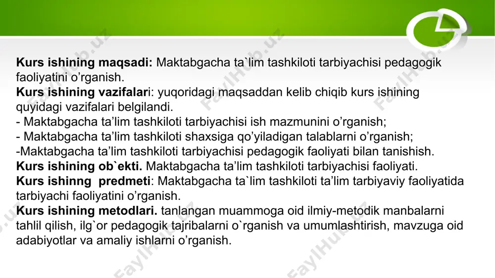 dorilfununi” tizimidagi ma’lumotlar bilan qurollanggan holda mashg‘ulotlar o‘tkaza olishiga oid xislatlari. tarbiyachining pedagogik mahorati mahorat -bu alohida qudrat.yuqori va kichik darajada usta bólish mumkin emas.mahoratga erishish ham ,erishmaslik ham mumkin.haqiqiy usta mehnat faoliyati choģidagina gózaldir. pedagogik mahoratga erishish pedagogning muayyan shaxsiy sifatlari bilan amalga oshadi.pedagogik mahorat yuksak darajada pedagogik faoliyatining taraqqiy etishini,pedagogik texnikani egallashni,shuningdek ,pedagog shaxsi,uning tajribasi,fuqarolik va kasbiy mavqeyini ifodalaydi. xulosa ushbu kurs ishidan shuni xulosa qilishimiz mumkinki bugungi kunda maktabgacha ta’lim tashkiloti tarbiyachilari har tomonlama zamonaviy va yuqori estetik did soxiblari. ular har qanday vaziyatda bolalar ko’ngliga yo’l topa oladilar va ular xohlagandek tadbirkar tashkil e’tib beroladilar. yuqoridagilarni inobatga olib shuni aytish mumkini bolalarga har qanday voqea hodisani oddiy tashkil etib tushuntirgandan ko’ra bayramona ruhda ko’rsatib tushuntirsa bola ko’nglida juda chuqur iz qoldiradi va doimo eslab uni unutmaydi. foydalanilgan adabiyotlar ro’yxati 1. ta’lim to’g’risidagi qonun 2020-yil toshkent 2. maktabgacha ta’lim va tarbiyani tashkil etish to’g’risidagi qonuni 3. maktabgacha …