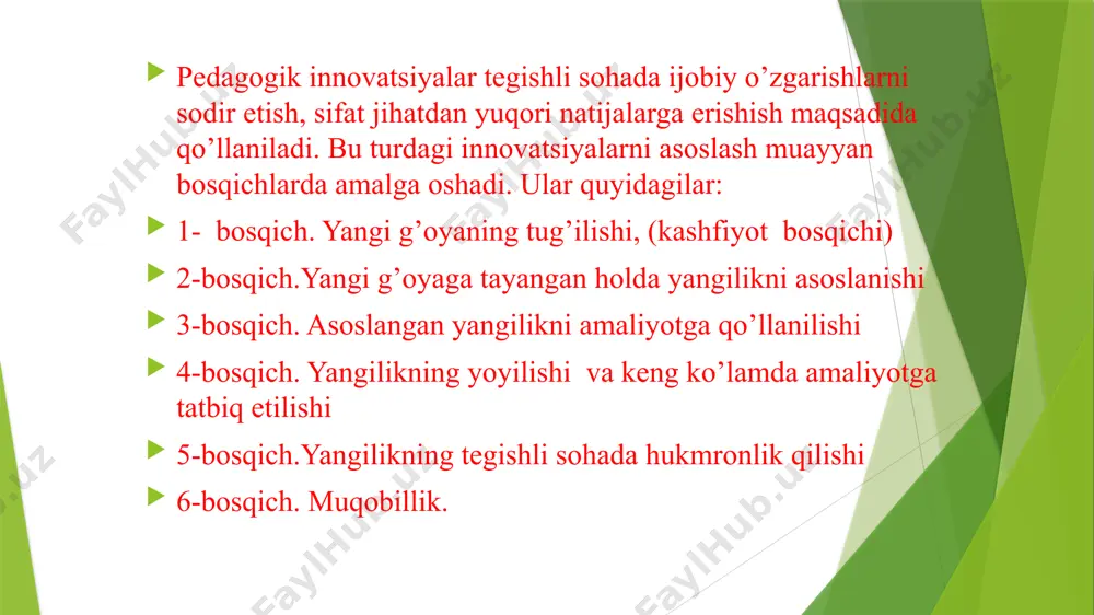 kichadi: 1. pedagogiк innovatsiyalarning amaliyotga tatbiqi stixiyali kechadi, ya’ni innovatsion jarayonda pedagogik yangiliklarga bo’lgan ehtiyoj hisobga olinmaydi, ularni amaliyotga tatbiq etishda mavjud shart-sharoitlar, usul va yo’llariga ongli munosabat bildirmaydi. 2. pedagogik innovatsiyalarning amaliyotga tadbiqi stixiyali kechadi, ya’ni pedagogik yangiliklar innovatsion jarayonda ongli, maqsadga muvofiq, ilmiy asoslangan faoliyat mahsuli sifatida amaliyotga joriy etiladi. ta’lim innovatsiyalarini pedagogiк jarayonga tadbiq etish bir necha bosqichlarda kechadi: 1-bosqich. muammoni tahlil asosida aniqlash. 2-bosqich. mo’ljallanayotgan ta’lim tizimini loyihalash. 3-bosqich. o’zgarishlar va yangiliklarni rejalashtirish. 4-bosqich. o’zgarishlarni amalga oshirish. e’tiboringiz uchun rahmat! /docprops/thumbnail.jpeg