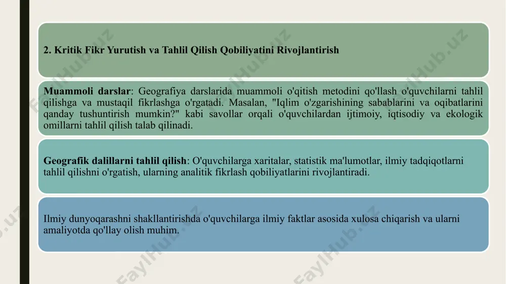 itishga va o'z pozitsiyalarini mantiqiy asoslab taqdim etishga yo'naltiradi. o'quvchilar o'rtasida savol-javoblar, qarama-qarshi fikrlarni tinglash va o'z fikrlarini isbotlashga imkoniyat yaratiladi. yakunlash va refleksiya (10 daqiqa) 3.1. munozara natijalarini umumlashtirish (5 daqiqa) o'qituvchi guruhlarning fikrlarini umumlashtiradi, barcha guruhlarning taqdimotlari va dalillarini ko'rib chiqadi. darsda qanday ilmiy asoslangan argumentlar keltirilganini, nima uchun iqlim o'zgarishi muhim ekani va qanday choralar ko'rish kerakligi haqida umumiy xulosalar chiqariladi. 3.2. o'quvchilardan fikrlar olish va darsni yakunlash (5 daqiqa) o'quvchilarga savollar beriladi: "bugun o'rganganlaringizni amalda qanday qo'llay olasiz?" "iqlim o'zgarishining oldini olish uchun qanday amaliy choralarni ko'rishni tavsiya qilgan bo'lar edingiz?" "munozara jarayonida nimalarni o'rgandingiz?" o'quvchilarning fikrlari tinglanadi va dars yakunlanadi. darsning baholash mezonlari: guruhning faolligi: guruhlar o'rtasidagi faol munozara va qarama-qarshi fikrlar. ilmiy asoslangan yondashuv: o'quvchilarning argumentlar va fikrlarining ilmiy asosda bo'lishi. kritik fikrlash: o'quvchilarning savollarni tahlil qilish va mustaqil fikrlash ko'nikmalari. taqdimot va mantiqiy izohlar: o'quvchilarning fikrlarini aniq va asosli tarzda ifodalashlari. /docprops/thumbnail.jpeg