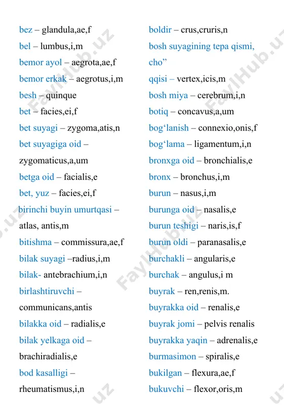 f bugun – hodie bo‘yinturuq – iugum,i,n bo‘yinturuqqa oid – iugularis,e bo‘yinga tegishli –cervicalis,e bo‘yin, bo‘yincha – cervix, icis, f,collum, i, n bo‘g‘inlararo – interarticularis,e bo‘g‘inlar haqidagi ta’limot – arthrologia,ae,f bo‘g‘inga tegishli – articularis,e bo‘g‘in – articulatio,onis,f buzilmaydigan holat – coservatus,a,um bo‘shliq – cavum,i,n bo‘sh, ozod – liber,era,erum bo‘sh – cavus,a,um d dasta – manubrium,i,n daraxt – arbor,oris,f davolash – curatio,onis,f davolashga oid – curo,are,1 davr – stadium,i,n, periodus,i,m darmana – cina,ae,f darhol – statim darvoza – porta,ae,f deltasimon – deltoideus,a,um deltasimon, ko‘krakka oid –deltodeopectoralis,e devor – paries,etis,m diafragma – diaphragma,atis,n dimog‘ suyagi – vomer,eris,m donolik – sapientia,ae,f donishmand – sapiens,ntis dorivor o‘tlar yig‘masi –species,ei,f dori-darmon – medicamentum,i,n dorivor – officinalis,e dorixona – officina,ae,f dorishunos – pharmaceuta,ae,f doyalik – obstetricus,a,um dum – coccyx,ygis,m dumga oid – coccygeus,a,um dumg‘aza – sacrum,i,n dumg‘azasimon – sacer,cra,crum dumg‘azaga tegishli – sacralis,e dumg‘aza dumga oid – sacroccygeus, a, um dumg‘aza qirraga oid – sacrospinosus,a,um dunyo …
