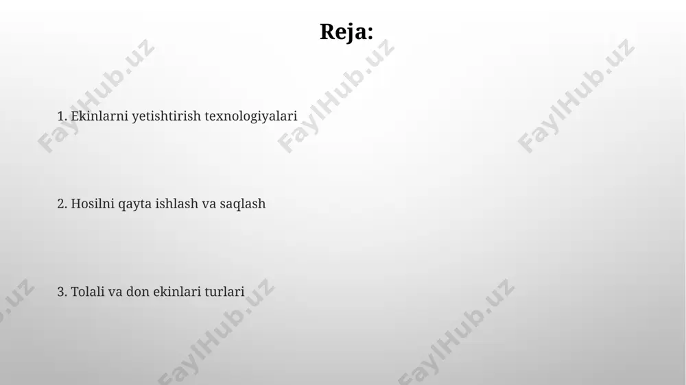 etrlari hosildorlikka 20-30% ta'sir ko'rsatadi. ekologik jihatlari paxta yetishtirishda suv sarfini kamaytirish uchun tomchilab sug'orish texnologiyalari qo'llanilganda, suv iste'moli 30-40% ga kamayadi va bu ekologik foyda keltiradi. bio-herbitsidlar qo'llanilishi bilan zararkunandalarga qarshi kurashda kimyoviy preparatlar miqdorini 25% ga qisqartirish mumkin, bu yerning ifloslanishini oldini oladi. iqtisodiy jihatlari paxta etishtirish va qayta ishlash sohasidagi ish o'rinlarining umumiy soni 1 mln. kishidan ortiq bo'lib, mamlakat aholisining bandligini ta'minlashda muhim rol o'ynaydi. don mahsulotlarining ichki bozordagi narxlarining barqarorligi oziq-ovqat xavfsizligini ta'minlashda muhim omil bo'lib, davlat tomonidan 10% dan ortiq subsidiyalar ajratiladi. kasallik va zararkunandalarga qarshi kurash integratsiyalashgan zararkunandalar va kasalliklarni boshqarish (izkb) strategiyasi, profilaktika choralarini, qarshilikka ega navlarni va selektiv pestisidlarni o‘z ichiga oladi, zararni 30% gacha kamaytirishi mumkin. kasalliklarga chidamli navlarni ekish hosildorlikni 15-20% ga oshirishi va kimyoviy vositalar sarfini kamaytirishi mumkin, bu esa atrof-muhitga ijobiy ta’sir ko‘rsatadi. saqlash va tashish donli ekinlarni saqlashda namlik miqdori 14% dan oshmasligi kerak, aks holda …