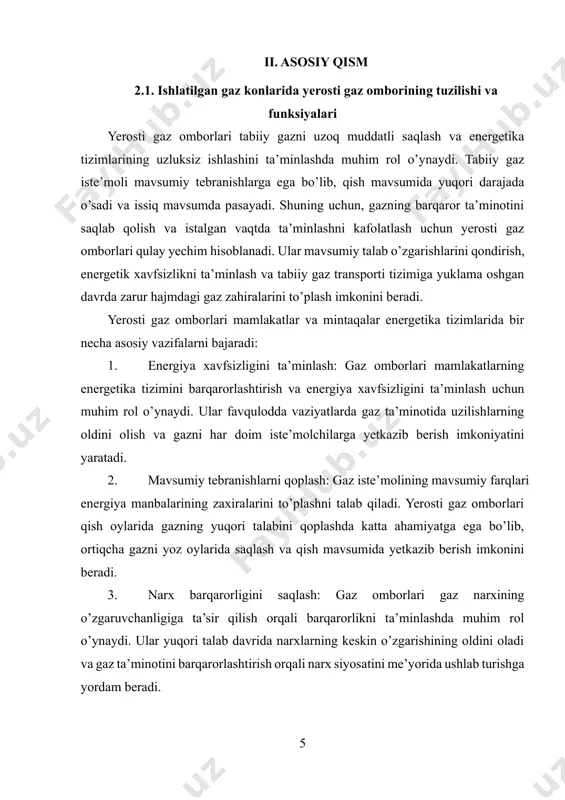 zgaruvchanligiga ta’sir qilish orqali barqarorlikni ta’minlashda muhim rol o’ynaydi. ular yuqori talab davrida narxlarning keskin o’zgarishining oldini oladi va gaz ta’minotini barqarorlashtirish orqali narx siyosatini me’yorida ushlab turishga yordam beradi. 4. ta’minot tizimining barqarorligini oshirish: tabiiy gazning transport va yetkazib berish tizimiga yuklama oshgan davrlarda yerosti gaz omborlari yordamida zaxira gazdan foydalanish orqali ta’minotni barqarorlashtirish imkonini beradi. bu, ayniqsa, uzoq masofalardan gaz yetkazib berishda transport tizimining muammolari yuzaga kelgan holatlarda muhim ahamiyatga ega. 5. strategik zahira sifatida foydalanish: yerosti gaz omborlari mamlakatlar uchun strategik zahira sifatida xizmat qiladi. ular, milliy xavfsizlik nuqtai nazaridan, favqulodda holatlarda foydalanish uchun zarur bo’lgan energiya resurslarini saqlash imkonini beradi. yerosti gaz omborlari mamlakatlar va korxonalar uchun iqtisodiy jihatdan ham foydali. bunday omborlar tabiiy gaz ta’minotida uzluksizlikni ta’minlash, iste’molchilar uchun barqaror energiya manbaini yaratish va energetika tizimida iqtisodiy samaradorlikni oshirishga yordam beradi. shu bilan birga, ekologik xavfsizlik nuqtai nazaridan yerosti gaz omborlari energiya resurslarini saqlashning eng …