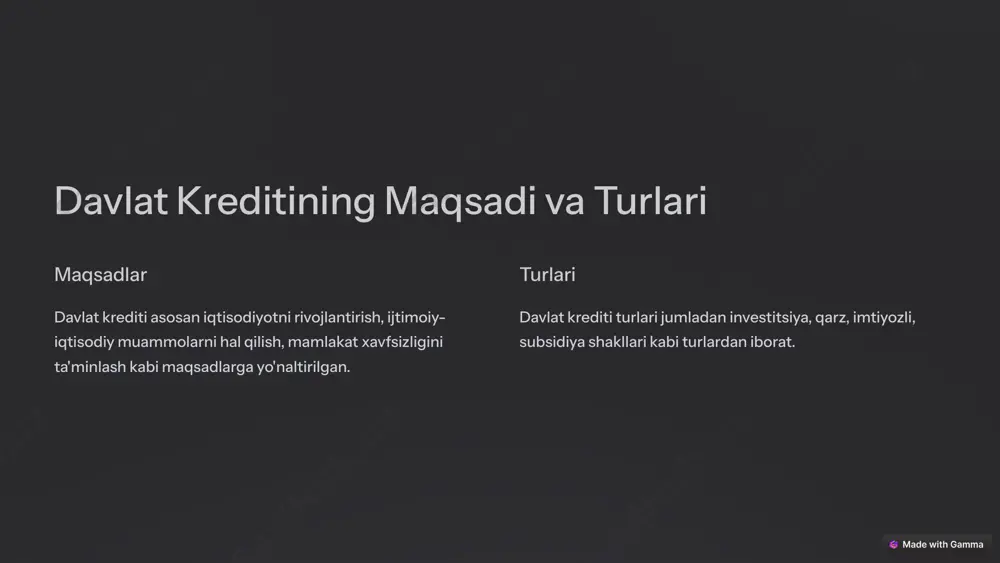 ilgan kreditlarda past foiz stavkalari taqdim etiladi. uzaytirish imkoniyati kredit muddatlari qonun doirasida uzaytirilib, moneytizatsiya davri uzaytiriladi. imtiyozlar kredit oluvchilarga turli imtiyozlar, soliq va bojxona imtiyozlari taqdim etiladi. 7 davlat kreditining afzalliklari qulay shartlar davlat krediti asosan past foiz stavkalari va uzaytirish imkoniyatlariga ega. muvozanatlilik davlat krediti iqtisodiy va ijtimoiy rivojlanishni ta'minlash uchun muhim ahamiyatga ega. qo'llab-quvvatlash davlat krediti investitsiyalarni faollashtirish va ishlab chiqarishni kengaytirish uchun foydalidir. 8 davlat kreditidan foydalanishning iqtisodiy va ijtimoiy ta'siri iqtisodiy taraqqiyot davlat kreditlari iqtisodiy rivojlanish, yangi ishlab chiqarish quvvatlarini yaratish, ish o'rinlarini ko'paytirishga xizmat qiladi. ijtimoiy barqarorlik davlat kreditlari orqali ijtimoiy infratuzilma va ijtimoiy xizmatlar yaxshilanadi, fuqarolarning turmush darajasi oshadi. innovatsiya davlat krediti yangi texnologiyalar, loyihalar va rivojlanishni rag'batlantiradi. 9 xulosalar va tavsiyalar 1 samaradorlik davlat krediti maqsadlarining aniq belgilanishi va uning muvaffaqiyatli amalga oshirilishi muhim. 2 qonuniylik davlat krediti faqat qonunchilik doirasida berilishi va unga rioya etilishi lozim. 3 shaffoflik davlat krediti tizimidagi …