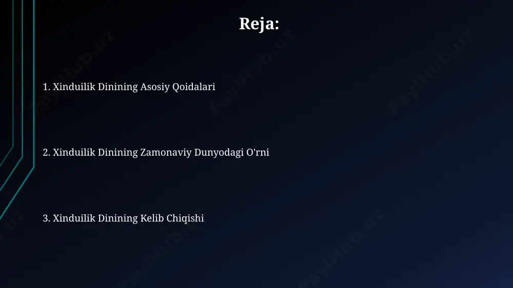 ondan ortiq ko'rinishlari mavjudligi, ularning har biri ma'lum bir funksiyani o'tayotgani va butun hindiston, nepal va boshqa mamlakatlar bo'ylab ibodatxonalarda sig'inishi xindu ta'limoti tarkibining kengligi haqida gapiradi. kastalar tizimi – xindu jamiyatining asosiy tamoyillaridan biri bo'lib, 4 asosiy kasta va ularning ichidagi minglab subkastalar ijtimoiy tuzilmani an'anaviy ravishda aniqlaydi va jamiyatning har xil sohalaridagi rolini belgilaydi. e'tiboringiz uchun rahmat @taqdimot_robot image1.jpg image2.jpg image3.jpg image4.jpg image5.jpg