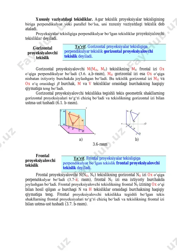 orizontal izi bilan ustma-ust tushadi (6.1. b-rasm). a) b) 3.6-rasm frontal proyeksiyalovchi tekislik frontal proyeksiyalovchi n(nh, nv) tekislikning gorizontal nh izi ox o‘qiga perpendikulyar bo‘ladi (3.7-a, rasm), frontal nv izi esa ixtiyoriy burchakda joylashgan bo‘ladi. frontal proyeksiyalovchi tekislikning frontal nv izining ox o‘qi bilan hosil qilgan  burchagi n va h tekisliklar orasidagi burchakning haqiqiy qiymatiga teng. frontal proyeksiyalovchi tekislikka tegishli bo‘lgan tekis shakllarning frontal proyeksiyalari to‘g‘ri chiziq bo‘ladi va tekislikning frontal izi bilan ustma-ust tushadi (3.7. b-rasm). ta’rif. gorizontal proyeksiyalar tekisligiga perpendikulyar tekislik gorizontal proyeksiyalovchi tekislik deyiladi. ta’rif. frontal proyeksiyalar tekisligiga perpendikulyar bo‘lgan tekislik frontal proyeksiyalovchi tekislik deyiladi. a) b) 3.7-rasm profil proyeksiyalovchi tekislik bu tekislikning gorizontal gh va frontal gv izlari ox o‘qiga parallel bo‘ladi (3.8. a-rasm). g profil proyeksiyalovchi tekislikning h va v tekisliklar bilan hosil qilgan  va  burchaklari 3.8. b-rasmda ko‘rsatilganidek haqiqiy kattalikda proyeksiyalanadi. shuningdek, profil proyeksiyalovchi tekislik proyeksiyalar o‘qi ox dan ham o‘tishi …