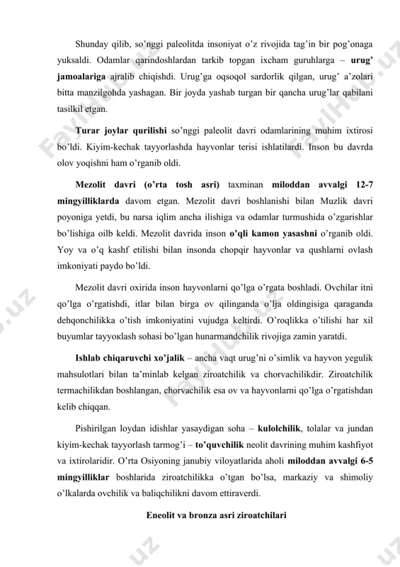 asri deb nom berishgan. bu miloddan avvalgi 4-3 mingyilliklarda ro’y bergan edi. toshga nisbatan afzalliklariga qaramasdan, mis unchalik keng tarqalmadi. metall faqat odamlar misni qalayi, qo’rg’oshin yoki rux bilan birga qo’shib eritib, bronza hosil bo’lganidan so’ngra toshni bir chetga surib chiqara boshladi. metallurgiya rivoji kishilarning moddiy va ma’naviy madaniyatiga katta ta’sir ko’rsatdi. miloddan avvalgi iv mingyillikda qadimgi sharqda ilk shaharlar va davlatlar vujudga kela boshladi. o’rta osiyo janubida sug’orma dehqonchilik (irrigatsiya asosida) vujudga keldi, xom g’ishtdan qurilgan ko’p xonali uylar qurila boshlandi, buyumlarni pishirish uchun kulolchilik xumdonlaridan foydalanishga kirishildi. sopol buyumlar hayvonlar, qushlar va o’simliksimon naqshlar (yaproqlar, gullar) bilan bezatiladigan bo’ldi. bronza misga qaraganda ancha qattiqligi tufayli miloddan avvalgi iii mingyillik o’rtalaridan boshlab asta-sekin mehnat qurollari, qurol-yaroq va zeb-ziynatlar tayyorlashda ishlatiluvchi asosiy materialga aylanib qoldi. bronza mehnat qurollariga ega bo’lgan odamlar endi dalalarga ancha durust ishlov berish va ekin maydonlarini kengaytirish imkonini qo’lga kiritdi, natijada ular ixtiyorida ortiqcha qishloq xo’jalik …