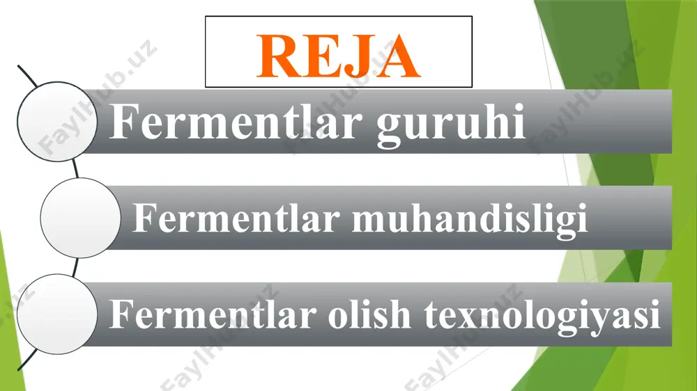 laktozani glyukoza va galaktozaga aylantiradi. bu ferment e.coli da sintez bo`ladi. 5. invertaza-saxarozani glyukozaga va fruktozaga parchalaydi. achitqi zamburug`ining alohida shtammlari hosil qiladi. 6. pektinazalar - pektinni parchalovchi fermentlar sintez qiladi. pektolitik fermentlar kompleks hosil qiladi, uni alohida komponentlari pektin molekulasini har xil joylaridan parchalaydi. 7. protenizalar yoki teazalar-(peptid-gidrolazalar oqsil molekulasidagi peptid bog`larini uzish reaktsiyasini kataliz qiladi, natijada erkin aminokislotalar di- va polipeptidlar hosil qiladi. 8. amilazalar – bakteriya va zamburug`lardan olinadigan amilazalar kraxmalni kichik molekulyar shakarlar: glyukozalar, maltozalargacha parchalaydi. bakterial proteazalar pishloq pishirishda va teri oshlashda oqsillarni buzishda qo`llaniladi. 9. lipazalar - gidrolazalar lipid yog` almashinuvida ishtirok etadigan, fermentlar. 10. pivo va vino tayyorlashda amilaza fermenti preparatidan foydalaniladi. bu ishlab chiqarishni arzonlashtiradi va g`alla harajatini kamaytiradi. shunga o`xshash amilaza eriydigan kraxmal, dekstrin olish uchun ham ishlatiladi. 11. laktoza laktozasiz sut olish uchun ishlatiladi. laktozalar yordamida tarkibida ko`p miqdorda laktoza bo`lgan sut zardobidan qand (glyukoza, galaktoza olinadi). 12. lipaza sutni …