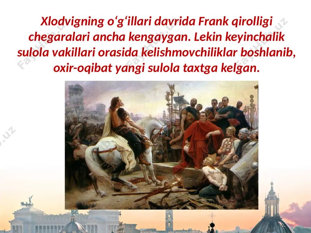 r kelib turishgan. buyuk karlning vafotidan ko‘p o‘tmay, u tuzgan imperiyaning inqirozi boshlanadi. uning nabiralari davrida mamlakat parchalanib ketadi. savol va topshiriqlar 1. franklar qirolligi qachon tashkil topdi? 2. qirol karl istilo qilgan hududlarni yozuvsiz xaritaga tushiring. 3. hozirda ispaniya joylashgan yarimorolning geografik nomi nima? karlning harbiy yurishlari paytida hudud kimlarga tegishli edi? 4. franklar imperiyasi qanday vujudga kelganini, ushbu davrda o‘lkamizda qanday davlat bo‘lganini qiyoslab gapiring. 5. franklar davlatida boshqaruv qanday bo‘lgan? image2.jpg image3.jpeg image4.emf image5.jpeg image6.jpeg image7.emf image8.jpeg image9.jpeg image10.emf image11.jpeg image12.emf image13.png image14.jpeg image15.jpeg image1.jpeg