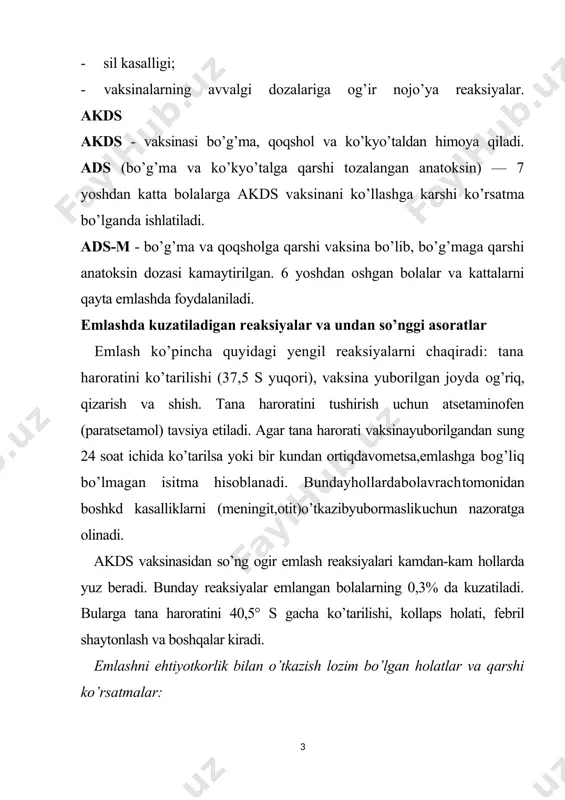 a bola emlanadi. bunday holatlarga quyidagilar kiradi: · emlashdan 48 soat o’tgandan so’ng tana xaroratini 40,5° s dan yuqori bo’lishi (boshqa sababi aniqlanmagan hollarda); · emlashdan 48 soat o’tgandan so’ng kollaps yoki shunga o’xshash holatlar kuzatilsa; · emlashdan so’nggi 2 kun ichida davom etuvchi to’xtovsiz, uzoq chinqiriq; · shaytonlash (tana haroratiga bog’liq yoki bog’liq bo’lmagan), emlashdan keyin 3 kun davomida kuzatiluvchi. nevrologik buzilishlar aniqlangan bemor bolalarni emlash birmuncha muammo tug’diradi. ularda (boshqa bolalarga nisbatan) asosiy kasallikning klinik belgilarini emlashdan so’ng kuzatilish xavfi yuqori xisoblanadi. ko’pincha bunday holatlarda emlash bolaningahvoli yaxshilanguncha vaqtincha to’xtatiladi. masalan, rivojlanib boruvchi ensefalopatiya, boshqarib bo’lmaydigan epilepsiya, shaytonlash yoki boshqa nevrologik xolatlar akdsdozasidan so’ng kuzatilishi bunga misol bo’la oladi. uzgarmas nevrologik holatlar, rivojlanishdan ortda qolish akds vaksinasini emlashga qarshi ko’rsatma bula olmaydi bunday bolalarga emlashdan avval va keyin, harorat ko’tarilishini oldini olish maqsadida setaminofen yoki ibuprofen (kunda bir mahal) berish mumkin. poliomielitga qarshi vaksina 90% bolalarda emlashdan so’ng …