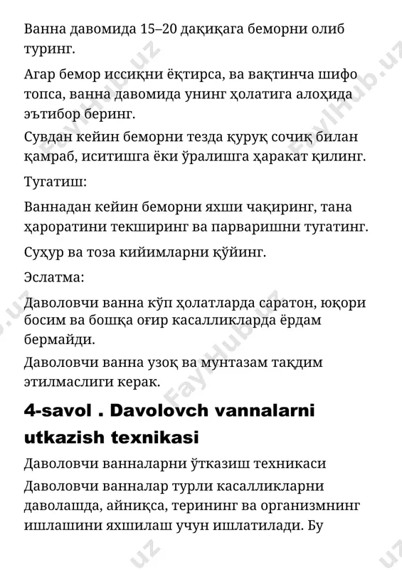 piz yog‘ini qaynoq suvga tomizib, bug‘ni nafas olish. dam olish: yo‘talni kuchaytiradigan chang va tutundan uzoqlashish. dori vositalari: agar uy sharoitida yordam bermasa, shifokor bilan maslahatlashib quyidagilarni ishlatish mumkin: antitussiv dorilar: yo‘talni tinchlantirish uchun (masalan, "sinekod"), ekspektorantlar: agar balg‘am yig‘ilgan bo‘lsa (masalan, "ambroksol"). muhim: agar yo‘tal bir haftadan ortiq davom etsa yoki boshqa alomatlar (isitma, nafas olish qiyinligi) kuzatilsa, shifokorga murojaat qilish zarur. 20-savol.nam yutalga yordam kursatish nam (balg‘amli) yo‘talni yengillashtirish va samarali davolash uchun quyidagi choralarni ko‘rish tavsiya etiladi: uy sharoitida yordam: ko‘p suyuqlik ichish: iliq suv, choy, zanjabil choyi, asal va limonli ichimliklar balg‘amni suyultirishga yordam beradi. mineral suv (masalan, borjomi) ichish tavsiya etiladi. xona havo namligini oshirish: xonada namlagich ishlatish yoki qaynayotgan suv idishini qo‘yish havo yo‘llarini namlaydi. inhalatsiya qilish: evkalipt, zanjabil yoki dorivor o‘tlar bilan inhalatsiya balg‘amni bo‘shatadi. tuzli suv bilan bug‘ qilish (tuz va issiq suv aralashmasidan). massaj: ko‘krak qafasiga yengil urish va silash orqali …