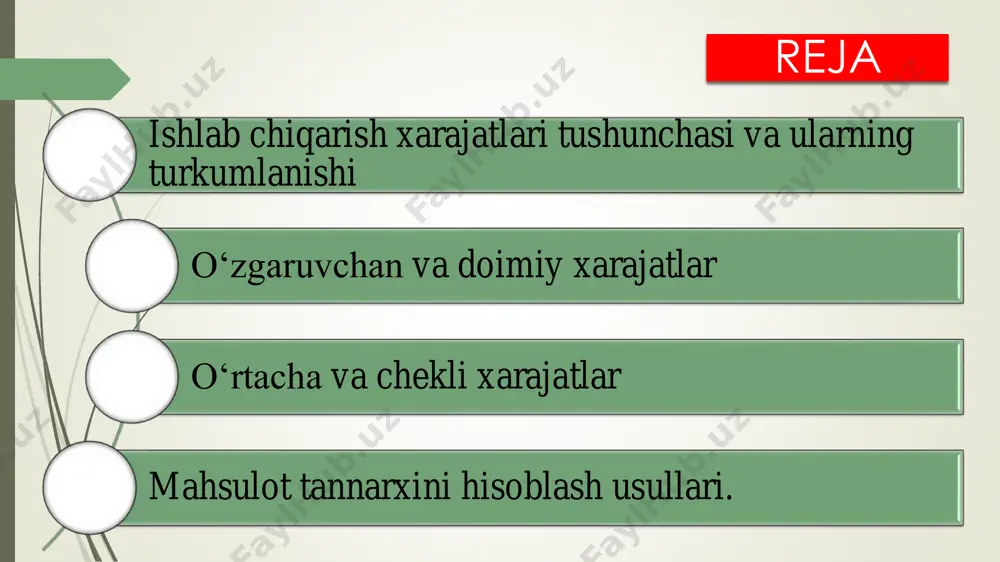 tlardan, ishlab chiqarish uskunalaridan foydalanish bilan bog`liq xarajatlar, ijara haqi, kapital ta′mirlash, ma′muriy xarajatlar kiradi. o`zgaruvchan xarajatlar(varaible cost =tvc) — bevosita ishlab chiqarish hajmi bilan bog’liq harajatlardir, ya’ni xom ashyo, materiallar, yoqilg`i, elektr energiya, ish haqi va shunga o`xshashlardan iboratdir.  *o`zgaruvchan xarajatlarning grafik ko’rinishi: umumiy xarajatlar (tc - total cost) - qisqa muddatli orliqda ma’lum miqdorda mahsulot ishlab chiqarish uchun sarflangan o‘zgarmas va o‘zgaruvchan xarajatlarning yig‘indisiga teng: tc=tfc+tvc bu yerda: tfc - o‘zgarmas xarajat, tvc - o‘zgaruvchan xarajat. umumiy xarajatlar egri chizig‘i o‘rtacha umumiy xarajatlarni umumiy xarajatni ishlab chiqarilgan mahsulot miqdoriga bo‘lish yo‘li bilan aniqlash mumkin: atc=tc/q yoki o‘rtacha o‘zgarmas (afc) va o‘rtacha o‘zgaruvchan (avc) xarajatlarni qo‘shish yo‘li bilan aniqlanadi: atc=afc+avc=(fc+vc)/q o’rtacha o’zgarmas harajatlar(afc)-bir birlik mahsulotga to’g’ri keladigan o’zgarmas xarajat bo’lib,u quyidagicha hisoblanadi;  afc=fc/q q tfc, afc tfc afc oʼrtacha oʼzgaruvchan xarajatlar (avc - average variable cost) - bir birlik ishlab chiqarilgan mahsulotga toʼgʼri keladigan oʼzgaruvchan xarajat boʼlib, …