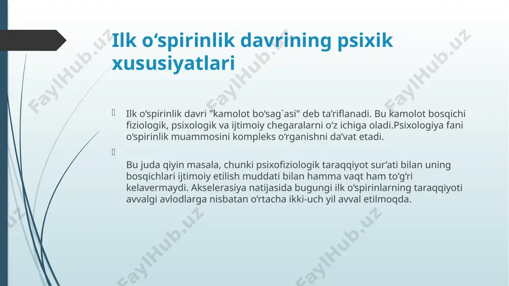 anlagan sohalari yoki kasblarida juda katta yangiliklar, kashfiyotlar qilgilari keladi, lekin asta-sekinlik bilan yangilik va kashfiyotlar qilish uchun ularda bilim va tajriba etishmayotganligini, buning uchun ko‘prok o‘qish va o‘rganishlari kerakligini anglay boshlaydilar. hayot faoliyati kengaygan sari, o‘spirinlarda ijtimoiy rollar kengligi faqat miqdor tomondangina kengayib qolmay, balki sifat tomonidan ham o‘zgarib boradi. masalan: 16 yoshda pasport oladi; 18 yoshidan faol saylash xuquqiga va oila qurish imkoniyatiga ega bo‘ladi. o‘spirin jinoiy ishlar uchun javobgar bo‘ladi. ba’zi o‘spirinlar bu yoshdan boshlab ishlay boshlaydilar. kasb tanlash xag`ida o‘ylay boshlaydilar. lekin, shunga qaramay o‘spirinlarda kattalarga qaramlik xususiyatlari saqlanib qoladi. o‘spirinlar (16-18 yoshlar) o‘zlarining psixologik xususiyatlari bilan boshqa yosh davrdagi bolalardan keskin farq qiladilar. jismoniy qamda ag`liy jiqatdan voyaga etgan, kamolotga erishgan, dunyoqarashi, o‘z-o‘zini boshqarishi kabi etuk insoniy xususiyatlari tarkib topgan bo‘ladi. ular vazmin, mulohazali bo‘ladilar, katta yoshdagilarga hurmat-ehtirom bilan qaraydilar. ular uzoqni ko‘zlaydigan, kelajak uchun qayquradigan, ota-onalarining yaqin yordamchisiga aylanadilar. o‘quv faoliyati o‘spirinning asosiy faoliyati …