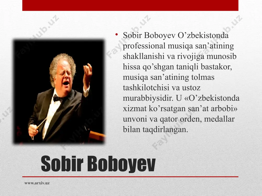 asosida yaratgan «hamza» operasi a. navoiy nomidagi opera va balet teatrida muvaffaqiyatli ravishda sahnalashtirildi. bolalar uchun yozgan «yoriltosh» operasi 1969 yilda samarqand, 1970 yilda toshkent opera teatrlarida sahnalashtirildi.1973 yilda sh. sa’dulla va 3. fatxullinlarning «vatan ishqi» musiqali dramasi asosida yangi opera asarini yozdi va shu yili bu asar samarqand opera teatrida sahna yuzini ko’rdi. www.arxiv.uz s. boboyev faqat sahnaviy musiqa asarlari yaratish bilan chegaralanib qolmay, qator simfonik, vokal-simfonik, lirik romanslar va qo’shiqlar, xorlar yozdi, xalq qo’shiqlarini qayta ishladi. musiqa tilining originalligi va yangiligi, yorqin emotsionalligi hamda qisqaligi jihatidan uning «yor ketdi», «qalb», «meros» kabi romanslari alohida ajralib turadi. bastakor qayta ishlagan «tanovar-1», «bog’ sayliga» o’xshash qator xalq qo’shiqlari tinglovchilarda katta qiziqish uyg’otib kelmoqda. www.arxiv.uz ijodiy biografiyasida jamoat arboblik faoliyati katta o’rin tutgan s. boboyev 1948—1955 yillarda o’zbekiston kompozitorlar uyushmasi raisi, 1960—1965 yillarda o’zbekiston kompozitorlar uyushmasi boshqaruvi a’zosi, 1966—1969 yillarda samarqand opera va balet teatri direktori, keyinchalik o’zbek davlat filarmoniyasining badiiy …