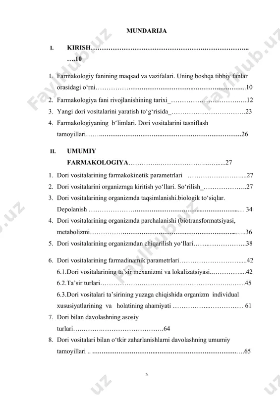 chiqarish yo‘llaridagi toshlarni erituvchi vositalar……………….307 5.5. ichakning harakat faoliyatiga ta’sir etuvchi vositalar……………………311 5.6. me’da osti bezining ekskretor funksiyasi buzilganda qo‘llaniladigan vositalar …………………………….……………………….…..316 6. diuretik vositalar. bachadon mushaklariga ta’sir etuvchi ……………...322 6.1. peshob xaydovchi vositalar…………………………….……………………… 322 6.2. miometriyga ta’sir ko‘rsatuvchi dori vositalari……………………... 329 7. qon tizimiga ta’sir etuvchi vositalar ………………………………334 7.1. trombotsitlar agregatsiyasi, qonivishi va fibrinolizga ta’sir ko‘rsatuvchi vositalar. …………………………….…………………………… 339 8. moddalar almashinuvini boshqaruvchi dorivositalari…………………345 8.1. oqsil popipeptid tuzilishga ega bo’lgan gormonalpreparatlar…………...345 8.2. giperlipoproteinemiyada qo’llaniladigan dori vositalar ……………..409 8.3. semirishda qo’llaniladigan vositalar…………………………………... 424 8.4. osteoporoz va podagrada qo’llaniladigan dori vositalar ……………... 430 8.5. yallig’lanishga va aterosklerozga qarshi vositalar……………………. 442 9. mikroblarga qarshi vositalar. …………………………………………..477 9.1. antiseptik va dezinfeksiyalash vositalari. kimyoterapiyaning asosiym ezonlari va talablari. ………………………………………………………….478 9.2. antibakterial ximioterapiya vositalari . ………………………………..480 9.3. antibiotiklar . …………………………………………………………..492 9.4. sulfanilamid preparatlar. ……………………………………………...537 9.5. xinolon unumlari. ……………………………………………………..544 9.6. turli kimyoviy tuzilishga ega bo‘lgan sintetik antibakterial vositalar. ..548 9.7. tuberkulyozga qarshi vositalar. virusga va zaxmga …