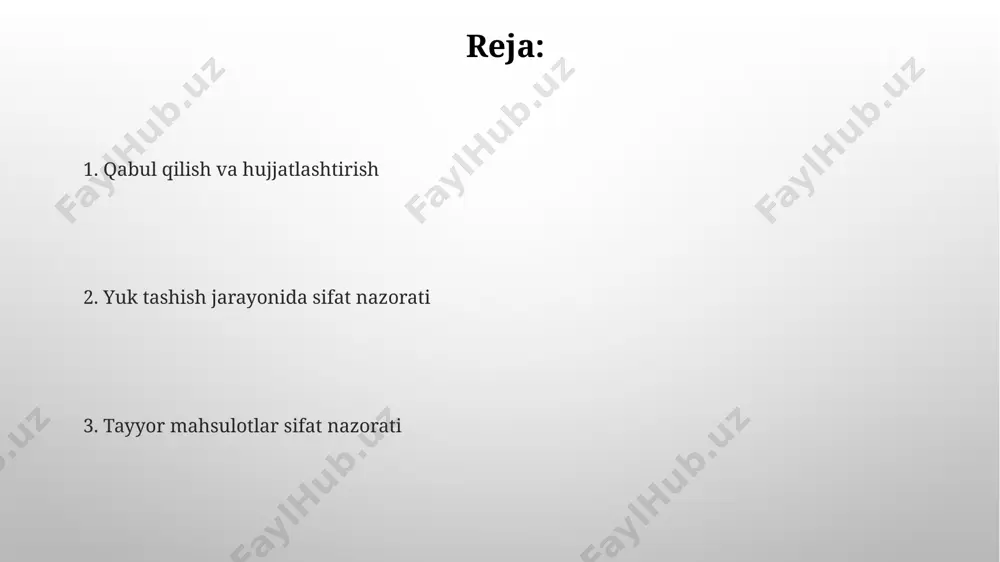 ши текширилади, бунда видеокузатув тизимидан фойдаланиш мажбурийдир. texnik vositalardan foydalanish самарқанд вилоятидаги пахта омборларида 50 тадан ортиқ замонавий юк кўтариш техникалари (кранлар, автокранлар) ишлатилиб, юкнинг шикастланишининг олдини олиш ва тезкор юклаш-тушириш жараёнини таъминлашга хизмат қилади. андижонда жойлашган ишлаб чиқариш корхонасида 25 тадан ортиқ автоматик тарозилардан фойдаланиб, юкнинг вазнини аниқ ўлчаш ва сифатини назорат қилиш, 1% хатоликка йўл қўймай, юқори даражадаги сифатни таъминлайди. zarar va nuqsonlarni aniqlash samarqand viloyatiga yetkazib berilgan 1000 dona meva-sabzavot mahsulotlaridan 7%i transport vositalarining yaroqsizligi tufayli buzilgan holda yetib keldi. toshkent shahridagi omborda 500 ta yukning 15 foizi tashish jarayonida shikastlanganligi aniqlandi, bu esa standartlarga mos kelmasligini ko'rsatadi. tovarlarni hisoblash va o'lchash 500 кг дан ортиқ юкни ташишда транспорт воситаларининг юк кўтариш қувватини текшириш ва ҳисоб-китобларни аниқлаштириш учун навоий вилоятидаги автотранспорт корхоналари махсус дастурдан фойдаланадилар. ўзбекистоннинг жанубий ҳудудларидаги экспортга мўлжалланган пахта маҳсулотларини ўлчашда 30% ҳолатда ўлчов ноаниқлиги кузатилган, бу эса тошкентдаги стандартлаштириш маркази томонидан тасдиқланган. hujjatlarni rasmiylashtirish …