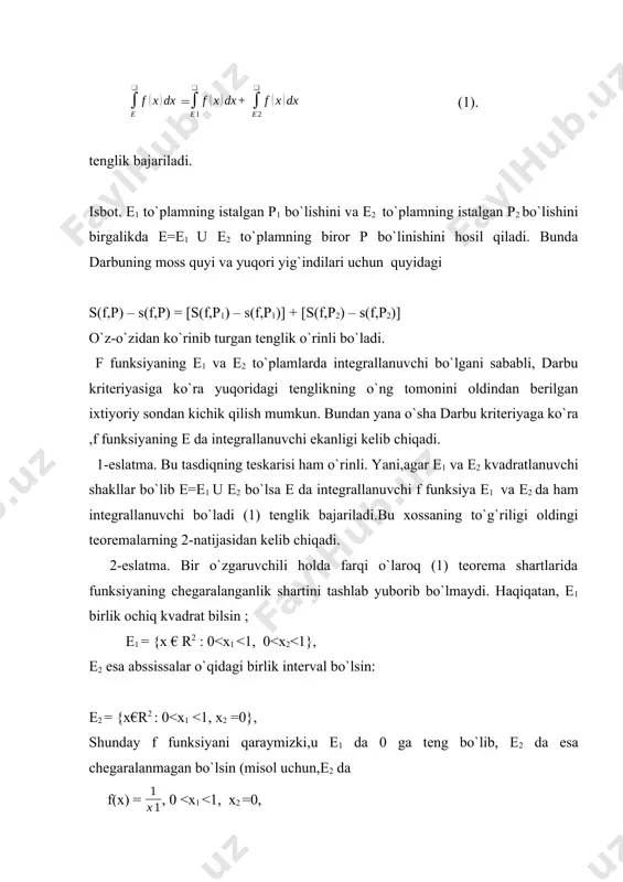 , chekkalari yuqorida aniqlangan [m,m] kesmada shunday μ son topiladiki, u uchun = μ |e| tenglik o`rinli bo`ladi. demak, teoremani isbotlash uchun shunday ξ ⋴ e nuqta topishimiz kerakki, bu nuqtada f(ξ) = μ bo`lsin. e`tabor bering, bunda muommo shundan iboratki, e to`plam, umuman aytganda, kompakt bo`lmagani bo`lmagani sababli, qaraalayotgan funksiya m va m qiymatlarga bu to`plamda erishmasligi mumkun.. albatta, agar |e| = 0 bo`lsa, bunday nuqta sifatida e to`plamning istalgan nuqtasini olishimiz mumkun. shuning uchun, |e| > 0 deb hisoblaymiz. avval m 0 qat`iy tengsizlik barcha nuqtalarda o`rinli bo`la olmaydi, ya`ni shunday ξ ⋴ e nuqta topiladiki, unda f(ξ) = m = μ bo`ladi. 1 – eslatma. a gar |e| > 0 bo`lsa, (7) formulani = f(ξ) (8) deb yozishimiz mumkum. (8) ning chap tomondagi kattalikka f funksiyaning e to`olamdagi o`rta qiymati deyiladi. shunday qilib 5 – teorema uzliksiz funksiya biror nuqtada o`rta qiymatni qabul qilishini tasdiqlaydi 2 – …