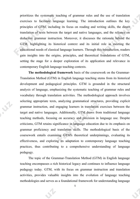 thus fostering a more comprehensive and effective language learning experience for students. in conclusion, the study of the grammar-translation method in english language teaching is essential for advancing language pedagogy, informing instructional practices, and enhancing learning outcomes. through comprehensive analysis and critical reflection, educators can harness the insights provided by gtm to create more dynamic and effective language learning environments. chapter i theoretical framework 1.1.principles and assumptions of gtm a theoretical framework (also sometimes referred to as a foundation of theory) is essentially a set of concepts, definitions, and propositions that together form a structured, comprehensive view of a specific phenomenon. in other words, a theoretical framework is a collection of existing theories, models and frameworks that provides foundation of core knowledge a lay of the land, so to speak, from which you can build a research study. for this reason, it’s usually presented fairly early within the literature review …
