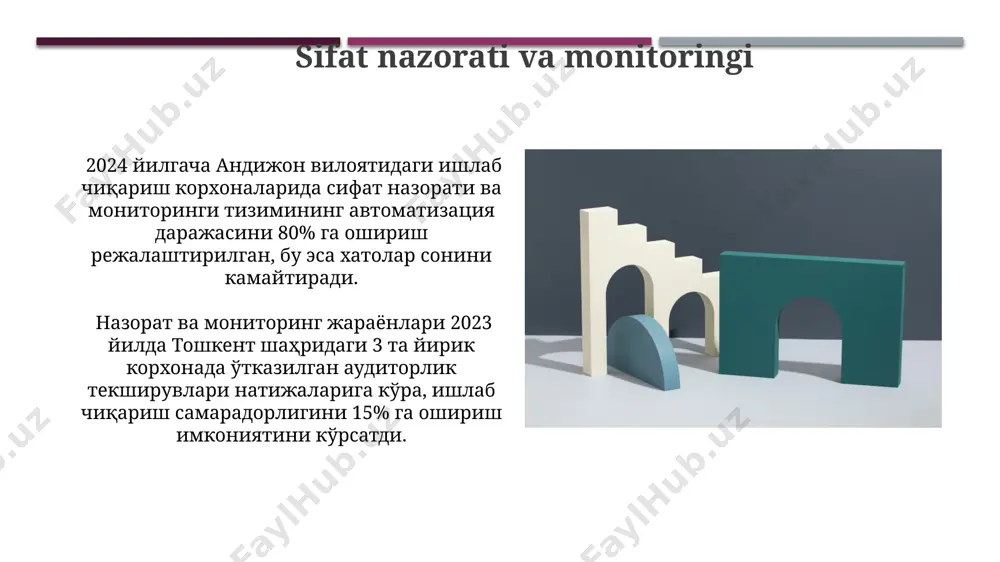 lanilmoqda. toshkentdagi avtomobil zavodida ishlab chiqarish jarayonida 10 ta asosiy darvoza belgilangan bo'lib, ularning har biri 5 ta xodimdan iborat guruhlar tomonidan nazorat qilinadi, bu esa o'z navbatida 20% ga mahsulot chiqarishni tezlashtirishga yordam beradi. e'tiboringiz uchun rahmat @taqdimot_robot image1.jpg image2.jpg image3.jpg image4.jpg image5.jpg image6.jpg image7.jpg image8.jpg image9.jpg