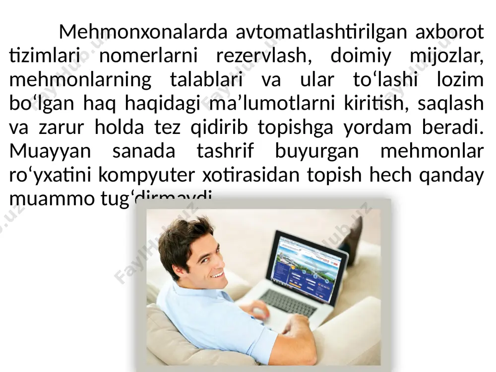 aniq tasavvurga ega bo‘lish imkonini beradi. avtomatlashtirilgan axborot tizimida bevosita ofisda va telefon orqali rezervlash markazlashtirilgan tizimi orqali amalga oshirilgan bronlash haqidagi barcha axborot jamlanadi. www.arxiv.uz mehmonxona korporatsiyalarining aksariyati mazkur tizimda o‘z raqamlariga ega bo‘lib, ularning yordamida mijozlar oldindan buyurtma qilish uchun mamlakatning istalgan nuqtasidan, ba’zan hatto chet eldan (bepul) sim qoqishlari mumkin. transport agentliklari ham ushbu markazlashtirilgan tizimga kompyuter tarmog‘i orqali to‘g‘ridan-to‘g‘ri kirish imkoniyatiga ega. www.arxiv.uz o‘rta va katta mehmonxonalarda ma’murning ish joyi schyotlar va xaridlarni nazorat qilish va rasmiylashtirish uchun mini-kompyuter bilan jihozlanadi. mehmonxonada odatda monitorlar bilan jihozlangan yana bir nechta xizmatlar: savdo nuqtalari, ta’minot xizmati, konferens-zal va boshqa xizmatlar ham faoliyat ko‘rsatadi. kichik mehmonxonalar so‘rovlarni rasmiylashtirish uchun mini-kompyuterdan alohida foydalanishi yoki uni mahalliy tarmoqqa ulashi mumkin. www.arxiv.uz mehmonxonani kompyuterlashtirish: boshqaruv tizimining samaradorligini oshirish; mehmonlar va ularning shaxsiy mol-mulki, shuningdek mehmonxona mol-mulkining xavfsizligini oshirish; mehmonxonaning mijozlari doirasini kengaytirish va bir qancha marketing vazifalarini hal qilish; mehmonxona qo‘shimcha xizmatlari …