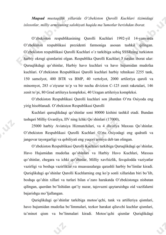 rning eng ko’p sonli xillaridan biri bo’lib, boshqa qo’shin xillari va turlari bilan o’zaro harakatda o’zbekistonga nisbatan qilingan, qaerdan bo’lishidan qat’iy nazar, tajovuzni qaytaruishga oid vazifalarni bajarishga mo’ljallangan. quriqlikdagi qo’shinlar tarkibiga motoo’qchi, tank va artilleriya qismlari, havo hujumidan mudofaa bo’limmalari, tezkor harakat qiluvchi kuchlar qismlari, ta’minot qism va bo’linmalari kiradi. motoo’qchi qismlar quriqlikdagi qo’shinlarning asosi, ular jangavor tarkibning negizi hisoblanadi. ular yerdagi va havodagi nishonlarni yakson qilish uchun qudratli qurol-aslahalar, tanklar, to’plar va minomyotlar, tankka qarshi boshqariluvchi raketalar, zenit komplekslari va qurilmalari, razvedka va boshqaruvning samarali vositalari bilan ta’minlangan. tank qismlari quriqlikdagi qo’shinlarning zamonaviy jang olib borish sharoitlarida muhim vazifalarni bajarishga qaratilgan bosh zarba beruvchi kuchi va qurolli jangning qudratli vositasidir. tanklar yuksak jangovorlik xususiyatlariga, ishonchli zirhli himoyaga ega bo’lib, tog’adirlik, notekis, yo’lsiz hudud sharoitlarida ham oils masofalarni bosib o’tishga qodirdir. ular hatto, yadro quroli qo’llanilgan sharoitlarda ham jang olib borishga moslashgan. artilleriya qismlari jangavor vazifalarni bajarishda bosh (o’t purkovchi) …