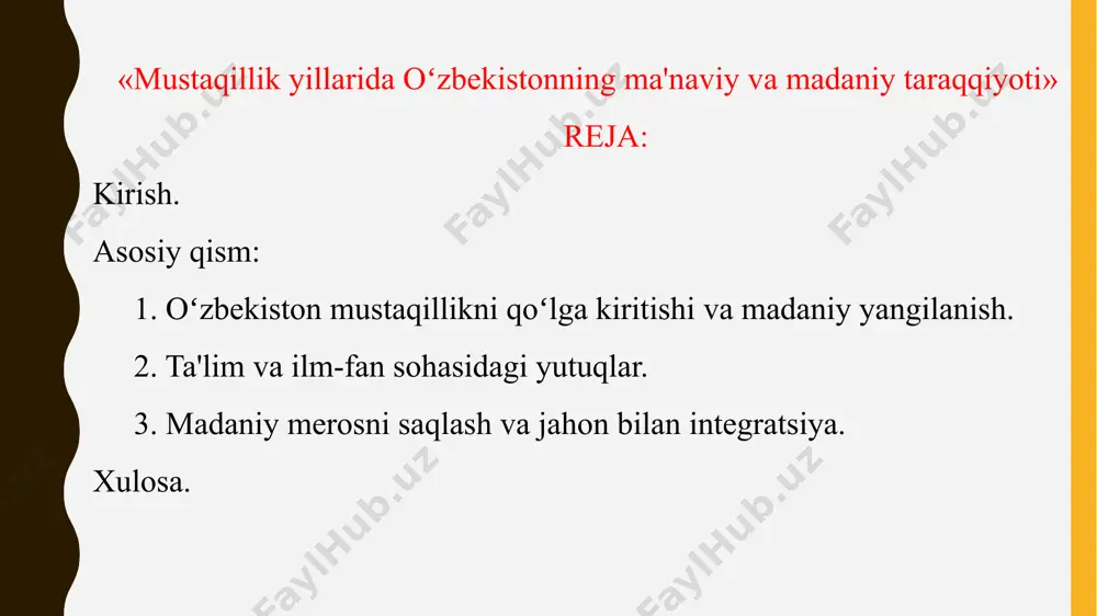 ini anglashga bo‘lgan intilishdan boshlandi. mustaqil o‘zbekistonda milliy identifikatsiyani rivojlantirish, o‘zbek tilining davlat tili sifatida mustahkamlanishi va milliy an’analarning saqlanib qolishi eng asosiy vazifalardan biri bo‘ldi. milliy bayramlar, an’anaviy san’at va musiqa, xususan, o‘zbek xalqi uchun o‘zgacha ahamiyatga ega bo‘lgan an’analar va urf-odatlar yangilangan. milliy madaniyatni tiklash. mustaqillikni qo‘lga kiritish bilan o‘zbekistonda milliy madaniyatni saqlash va rivojlantirishga katta e’tibor qaratildi. o‘zbek xalqining boy tarixiy va madaniy merosi qayta tiklanib, qadimiy yodgorliklar, tarixiy obidalar va arxitekturaviy yodgorliklar muhofaza qilindi. bu jarayon milliy va madaniy o‘zlikni saqlashda juda muhim o‘rin tutdi. bundan tashqari, mustaqillik davrida milliy san’atning yangi qirralari paydo bo‘ldi. teatr, kino va musiqa san’atlarida o‘zbek milliy elementlarining yangilanishi, shu bilan birga, zamonaviy o‘zbek san’ati dunyo miqyosida tanilishiga olib keldi. ma’naviy erkinlik va ta'lim sohasidagi o'zgarishlar. mustaqillik yillarida o‘zbekiston ta’lim tizimi ham tubdan isloh qilindi. o‘zbekistonda yangi zamonaviy ta’lim tizimi yaratilib, milliy ma’naviy qadriyatlarni o‘rgatish va yosh avlodni mustaqil fikrlashga yo‘naltirish …