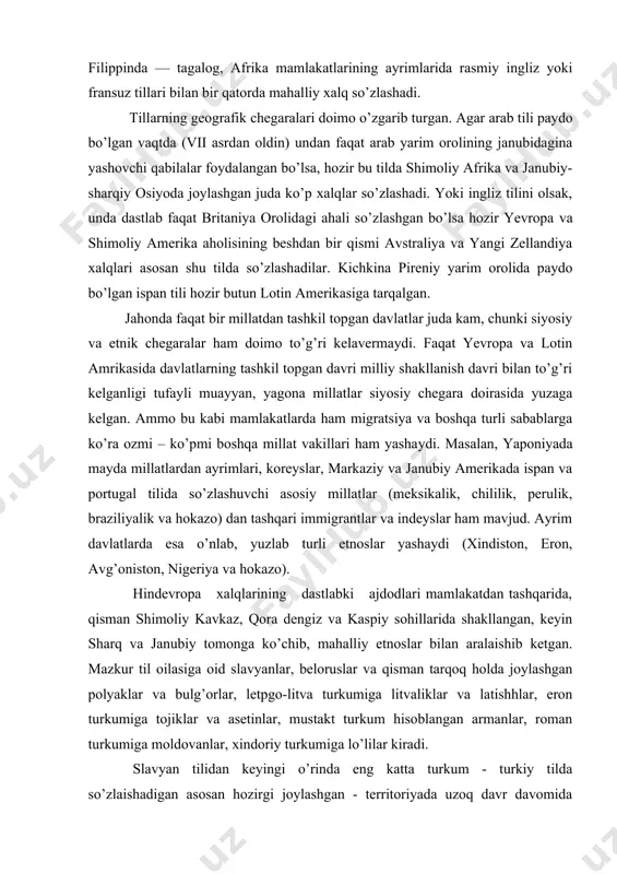 aydi (xindiston, eron, avg’oniston, nigeriya va hokazo). hindevropa xalqlarining dastlabki ajdodlari mamlakatdan tashqarida, qisman shimoliy kavkaz, qora dengiz va kaspiy sohillarida shakllangan, keyin sharq va janubiy tomonga ko’chib, mahalliy etnoslar bilan aralaishib ketgan. mazkur til oilasiga oid slavyanlar, beloruslar va qisman tarqoq holda joylashgan polyaklar va bulg’orlar, letpgo-litva turkumiga litvaliklar va latishhlar, eron turkumiga tojiklar va asetinlar, mustakt turkum hisoblangan armanlar, roman turkumiga moldovanlar, xindoriy turkumiga lo’lilar kiradi. slavyan tilidan keyingi o’rinda eng katta turkum - turkiy tilda so’zlaishadigan asosan hozirgi joylashgan - territoriyada uzoq davr davomida shakllangan oltoy oilasiga (o’zbeklar, qozoqlar, tatarlar, boshqirdlar, ozarbayjonlar, turkmanlar, qirg’izlar, chuvaitar, yokutlar, qoraqolpoqlar va hokazalar) xalqlaridir. ayniqsa, kavkaz til oilasini tashkil etadigan kartvele turkumi (gruzinlar) adigey-abxaz (kabardin, cherkas, adigey, abxaz), naxs (chechen-ingugalar) va ko’p millatli dog’iston tsh turkumlari eng qadimiy murakkab elat va xalqlar tilidir. shaqkda o’rnashgan buryatlar va qallmoqlar mo’g’ul til turkumiga, sibir va uzoq sharqdagi evenklar, evenlar, nanaylar, udegeylar, orochilar, tunguslar …