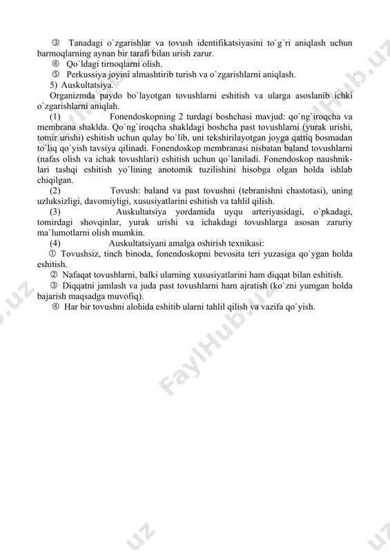 `llab yo`ki ko`zni o`ng-chapga qaratib ko`p jihatlarni aniqlash mumkin. (1) dastlab organizmning umumiy holatini (tana tuzilishi, vazn namligi yoki ortiqchalik, tana holati, yurish va h.k), yuz ko`rinishi, tashqi ko`rinishi, gigiena, gigienik odatlar, muomala manerasi, ko`z harakatlanishi o`rganiladi, shuningdek, bemorni kuzatib kelgan shaxs va buyumlarga (hassa, eshitish apparati va h.k) e`tibor beriladi. 3) palpasiya. palpatsiya yordamida taktil sezgi, tebranishlarni sezish, harorat va qo`l bilan bosilganda paydo bo`ladigan og`riqlar aniqlanadi. (1) taktil sezgi: barmoq uchlari bilan kichkina o`zgarishlarni aniqlash mumkin: (o`simta, shakl, qattiqlik, ko`tarilish, harakatchanlik va boshqalar). (2) tebranlshlar: kaft qirrasi va bosh barmoq asosi tebranishlarni juda sezuvchan hisoblanadi. (3) harorat: haroratni kaft bilan emas panjalarning ichki tomoni bilan aniqlash maqsadga muvofiq. (4) palpatsiyada qo`l va barmoqlar bosim kuchini nazorat qilib yuzaki va chuqur palpatsiya o`tkazilib og`riq bor yo`qligi aniqlanadi. bunda qo`l sekin tekkizilganda og`riq mavjudligi, og`riqning chegaralanganligi, qo`lni olish bilan og`riq paydo bo`lishini aniqlash zarur. qoidaga ko`ra palpatsiyada og`riq bor-yo`qligi oxirgi …