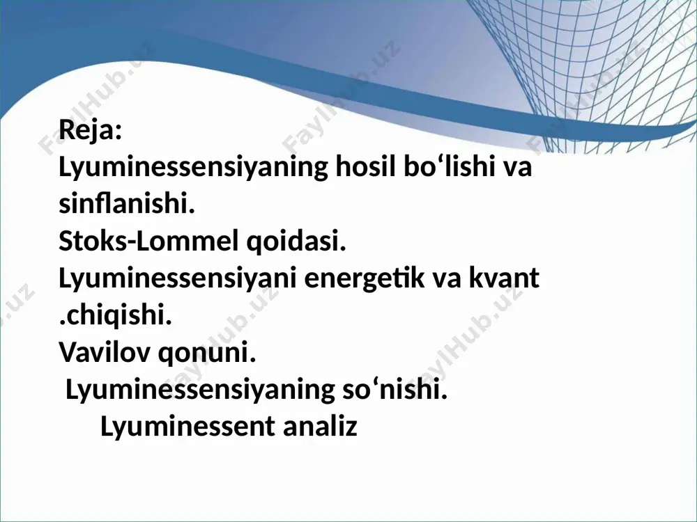 davriga qarab lyuminessensiya ikkiga bo‘linadi:qo‘zg‘algan holatda molekula nur chiqara boshlaydi. nurmanbai o‘chirilganda nurlanish ham shu zahoti to‘xtasa,fluoressensiya deyiladi. agar nur manbai o‘chirilganda hamma’lum vaqt nurlanib tursa – fosforessensiya deyiladi. stoks-lommel qoidasi jism tomonidan yutilgan energiyaning bir qismi issiqlikenergiyasi holida chiqadi. shuning uchunlyuminessensiyada chiqayotgan yorug‘lik nurining kvantlarienergiyasi qo‘zg‘atuvchi nurning kvantlari energiyasidankam bo‘ladi. lyuminessent nurlanishning to‘lqin uzunligiqo‘zg‘atuvchi nurning to‘lqin uzunligidan katta bo‘ladi. lyuminessensiyaning spektri yutilish spektriga qaraganda toʻlqin uzunligi katta boʻlgan tomonga siljiydi. hv yutilish katta hva stoks siljishi yutilish spektrining maksimumi bilan fluoressensiya spektrining maksimumi orasidagi masofa stoks siljishi deyiladi. bu masofa qanchalik katta bo‘lsa, qo‘zg‘atuvchi nurni ajratish shunchalik oson bo‘ladi. bir xil to‘lqin uzunliklar borki, unda fluoressensiya kvantlari yutilgan nur energiyasidan katta bo‘ladi . bunga sabab shuki, modda molekulalarining bir qismi asosiy holatning tebranish pog‘onalarida ham bo‘lishidir. yutilgan nur energiyasining bir qismi nur chiqarmasdan o‘tishlarga sarf bo‘ladi. energiyaning bir qismi esalyuminessentlanishga sarf bo‘ladi. yutilgan nurni lyuminessent nurlanishga aylanish effekti lyuminessensiyaning …