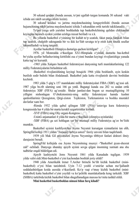 basketbolda bu usul ommaviy tus olgan. basketbol о‘yinining rivojlanishining uchinchi bosqichi qaysi yillarni о‘z ichiga oladi? basketbol о‘yini rivojlanishinig uchinchi boskichi 1932-1947 yillar bо‘lib, butun dunyoda basketbolning keng rivojlanishi bilan ifodalanadi. xalq aro basketbol federatsiyasi qachon tashkil etildi? basketbol о‘yinining tarixida buyuk vokea bо‘lib 1932 yilnig 18 iyul kuni hisoblanadi, shu kuni xalqaro basketbol federatsiyasi (xbf-fib4) tashkil topadi. sakkiz milliy federatsiyalarning vakillari-argentina, gretsiya, italiya, latviya, portugaliya, ruminiya, shvetsariya va chexoslovakiya birinchi xalq aro anjumanida katnashib, bir ovozdan xalqaro federatsiyani tashkil qilishini va mukobillashgan koidalarni kabul kilinishini kullab kuvvatlashdi. xalqaro olimpiya kо‘mitasi (x0k-m0k) basketbolni olimpiya sport turi deb qachon tan oldi? 1935 yil 28 fevralda -oslo shahrida xalq aro olimpiya kumitasi (xok-mok) basketbolni olimpiya sportda deb tan olish tо‘grisida qaror kabul kildi. basketbol olimpiada о‘yinlari dasturiga kachon kiritildi? 1936 yilda basketbol birinchi, marta olimpiada о‘yinlari dasturiga kiritildi. berlinda bulib utgan olimpiada uyinlarining basketbol tur-nirida 21-mamlakatning erkaklar jamoalari qatnashdi. olimpiya chempioni unvoniga …