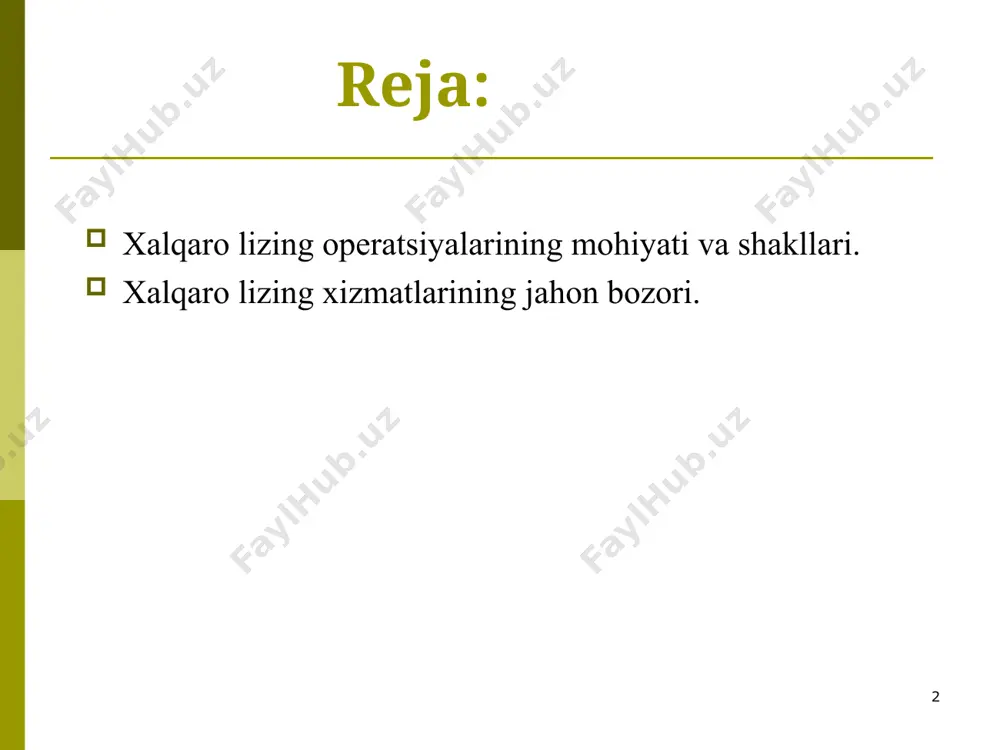 ro lizing xalqaro kreditni bir shakli sifatida banklar va lizing kompaniyalari o‘rtasida raqobat kuchayishiga turtki bo‘ladi. bu o‘z navbatida, ssuda foizlari tushishiga, va natijada, kapitallarni ishlab chiqarish sohalariga oqib kirishi uchun qulay zamin yaratadi. * to‘lov balansi taqchilligi sharoitida mamlakat tashqi qarzdorligiga xalqaro lizing operatsiyalarni qo‘shilmasligi, uning tashqi iqtisodiy faoliyatdagi afzalligini ko‘rsatadi. xalqaro lizing, bir vaqtning o‘zida moliyalash va yangi texnologiyalarni xarid qilish masalalarini hal etish, aylanma mablag‘larni to‘ldirish hamda boshqa ehtiyojlar uchun mablag‘larni ozod qilish imkoniyatini beruvchi moliyaviy vositalarning eng muhim shakllaridan biridir. * xalqaro amaliyotda xalqaro lizing shartnomalarining quyidagi shakllari ishlab chiqildi. xalqaro lizing shakllarini tahlil qilishda uning eng keng tarqalganlarini (lizing oluvchi va lizing beruvchi o‘rtasidagi munosabatlarni hisobga olib), bevosita (to‘g‘ridan-to‘g‘ri) va bilvosita (egri) lizing turlarini ajratishimiz mumkin. bevosita lizingda, lizing beruvchi bo‘lib - bevosita mulk egasining o‘zi bitimni amalga oshirilishida ishtirok etishi shart. bilvosita lizingda, ijaraga berilayotgan mulk egasi - uchinchi tomonning ishtirok etishi shartdir. * …