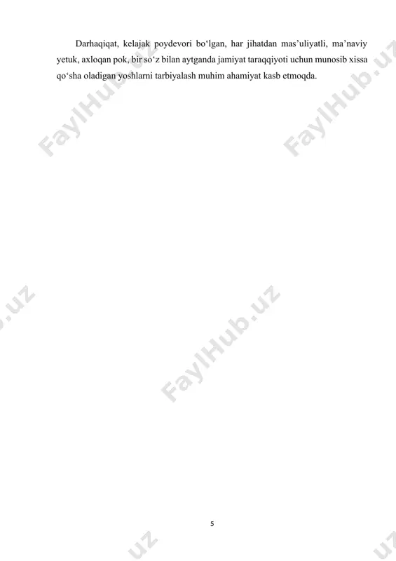 trofga munosabati, mehnatsevarligi, kamtarligi qalblarda quvonchni paydo qiladi. shuni alohida ta'kidlash joizki, ayrim yoshlar go’zallikni tor ma’noda tushunadilar. ya'ni, chiroyni ko’pincha husn jamolda deb bilishadi. bu bir tomonlama tushunchadir. har tomonlama ma'noda esa chiroy husn-jamol, qalb go’zalligida, ma'noli so’zdadir. xalqimiz bejizga «chiroy husnu jamolda emas, fazlu kamolda» deb aytmagan! san'at va hayot go’zalligi bilan tanishtirib borish bolaning aqlini, hissini tarbiyalab qolmay, shu bilan bir qatorda uning xayol va tassavvurni ham rivojlantiradi.bolalarni go’zallikka oshno qilish, ularda hayotiy voqeaiarni to’g’ri tushunish, olijanob his-tuyg’ularni va intilishlarni shakllantirishga yordam beradi. bolalarda go’zallikni idrok qilishni tarbiyalash orqali ularda boshqa kishilarning kechinmalarini his eta bilish, kishilarning xursandchiliklariga sherik bo’lish, qayg’usini birga baham ko’rish kabi xususiyatlar tarkib toptiriladi. estetik taraqqiyot - shaxsning estetik ongi, munosabati va estetik faoliyatining shakllanishi va takomillashuvida uzoq vaqtni talab etadigan jarayondir. shaxsning estetik taraqqiyoti ijtimoiy-tarixiy va estetik tajribani ijodiy o’zlashtirishi natijasida yuzaga keladi. bu har xil yo’llar va shakllar orqali amalga oshiriladi. …