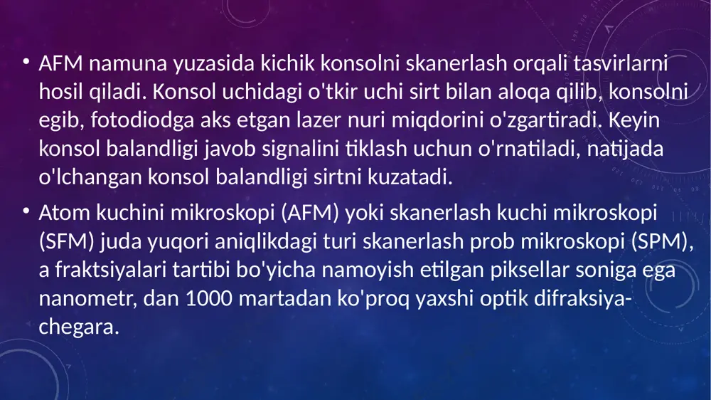 'zdan kelib chiqqan rastrum (rake), dan olingan radere (qirib tashlamoq) shuningdek qarang rastrum, musiqiy rasm chizish uchun asbob xodimlar safi. chapdagi atom kuchi mikroskopi, o'ng tomonida boshqaruvchi kompyuter atom kuchini mikroskopi[1] (afm) - bu bir turi skanerlash prob mikroskopi (spm), a fraktsiyalari tartibi bo'yicha namoyish etilgan piksellar soniga ega nanometr, dan 1000 martadan ko'proq yaxshi optik difraktsiya chegarasi. ma'lumotlar mexanik prob yordamida sirtni "his qilish" yoki "tegish" orqali to'planadi. pyezoelektrik (elektron) buyruqdagi kichik, ammo aniq va aniq harakatlarni osonlashtiradigan elementlar aniq skanerlashni ta'minlaydi. konfiguratsiya afm ning odatiy konfiguratsiyasi. 1): konsol, (2): konsolni qo'llab-quvvatlash, (3): piezoelektrik element (konsolni o'z chastotasida tebranish uchun), (4): maslahat (konsolning uchi aniqlangan, prob vazifasini bajaradi), (5): konsolning burilish va harakatlanish detektori, (6): afm tomonidan o'lchanadigan namuna, (7): xyz drayveri, detektor afm detektori (5) konsolning burilishini (muvozanat holatiga nisbatan siljishini) o'lchaydi va uni elektr signaliga aylantiradi. ushbu signalning intensivligi konsolning siljishi bilan mutanosib bo'ladi. aniqlashning turli usullaridan …