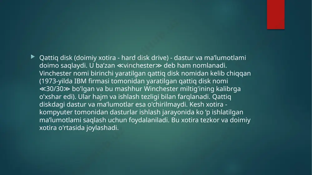 parcha yoki bir nechta kichik yarim supero'tkazuvchilar gofret yoki dielektrik substratda ishlab chiqarilgan, so'ngra qobiq ichiga joylashtirilgan, mikro tuzilmaning barcha tarkibiy qismlarini mikro-miniatizatsiyaga, past kuch-quvvatga, aql-idrok va katta qadamning yuqori ishonchliligini ta'minlash uchun mikrokompyuterning kerakli elektron funksiyasi. bu tumanda "ic" harflari bilan ifodalanadi. 1950 va 60-yillarning oxirlarida ishlab chiqarilgan yangi yarimo'tkazgichli qurilma. bu oksidlanish, litografiya, diffuziya, epitaksi, alyuminiy va boshqa yarimo'tkazgichli ishlab chiqarish jarayonlari, yarimo'tkazgich, qarshilik, va boshqa komponentlar va ularning ulash simlari kichik silikon qismlarga birlashtiriladi va keyin payvandlash elektron qurilmalar qobig'iga kiritiladi. paket qobig'ida dumaloq qobiq turi, tekislik turi yoki ikki qatorli to'g'ridan-to'g'ri plastinka turi va shunga o'xshash shakllar mavjud. texnologik uskunalarni, texnologiyani qayta ishlash, qadoqlash sinovlari, ommaviy ishlab chiqarish va loyihalashning innovatsion qobiliyatlarini o'zida aks ettirgan chip ishlab chiqarish texnologiyasi va dizayn texnologiyasini o'z ichiga olgan o'rnatilgan elektron texnologiyasi. xotira va uning turlari. kesh xotira, xotira ierarxiyasi xotira-ma’lumot va dasturlarni saqlash uchun xizmat qiladi va quyidagilarga bo’linadi: …