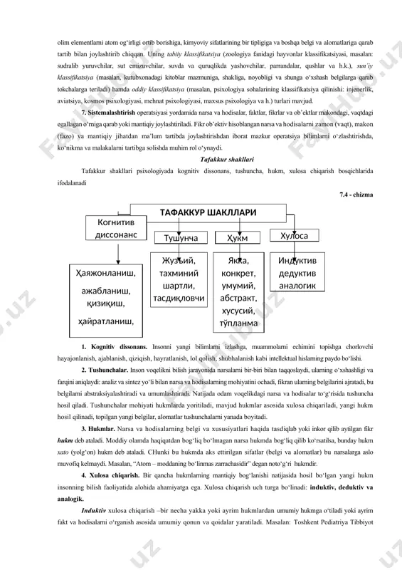 ashtirish. umumlashtirish deganda psixologiyada narsa va hodisalardagi xossa, belgi, xususiyat, alomatlarni topish va shu umumiylik asosida ularni birlashtirish tushuniladi. masalan, insonning yosh davrlari xususiyatidagi umumiy belgilar hisobga olinib, “o‘smir”, “o‘spirin”, “etuk kishi”, “keksa” singari terminlar ishlatiladi. umumlashtirish abstraksiyalash operatsiyasidan ajralgan holda sodir bo‘lmasdan uni asosida abstraksiyalash jarayoni yotadi. 6. klassifikatsiyalash deb bir turkum ichidagi narsalarning bir-biriga o‘xshashligiga va boshqa turkumdagi narsalardan farq qilishiga qarab, narsalarni turkumlarga ajratish tizimiga aytiladi. fan olamida buyuk kashfiyot bo‘lib hisoblangan d.i.mendeleevning “elementlarning davriy tizimi" jadvali klassifikatsiya uchun yorqin misoldir. bunda olim elementlarni atom og‘irligi ortib borishiga, kimyoviy sifatlarining bir tipligiga va boshqa belgi va alomatlariga qarab tartib bilan joylashtirib chiqqan. uning tabiiy klassifikatsiya (zoologiya fanidagi hayvonlar klassifikatsiyasi, masalan: sudralib yuruvchilar, sut emizuvchilar, suvda va quruqlikda yashovchilar, parrandalar, qushlar va h.k.), sun’iy klassifikatsiya (masalan, kutubxonadagi kitoblar mazmuniga, shakliga, noyobligi va shunga o‘xshash belgilarga qarab tokchalarga teriladi) hamda oddiy klassifikatsiya (masalan, psixologiya sohalarining klassifikatsiya qilinishi: injenerlik, aviatsiya, …