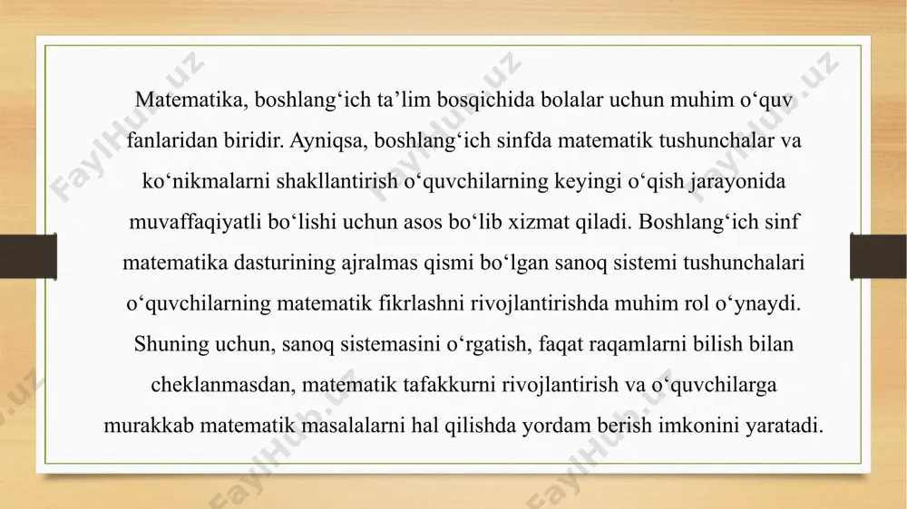 cha dastlabki bosqichda o‘quvchilarga raqamlar bilan ishlashni osonlashtiradi. boshlang‘ich sinflarda ilg‘or pedagogik texnologiyalarni qo‘llash, o‘quvchilarda matematik tushunchalar va ko‘nikmalarni shakllantirishda juda samarali bo‘lishi mumkin. bu texnologiyalar, o‘quvchilarning faol ishtirokini ta’minlash, dars jarayonini yanada qiziqarli va interaktiv qilish, shuningdek, o‘quvchilarning o‘qishga bo‘lgan qiziqishini oshirish uchun imkoniyatlar yaratadi. ilg‘or pedagogik texnologiyalarni boshlang‘ich sinflarga moslashtirishda, ularning yoshiga va o‘qish darajasiga mos keladigan usullarni tanlash muhimdir. sanoq sistemasining o‘quvchilarda tushunilishini va qabul qilinishini kuchaytirish, boshlang‘ich sinflarda matematik bilimlarni mustahkamlashda juda muhim ahamiyatga ega. bu jarayon o‘quvchilarning matematik tushunchalarni to‘g‘ri anglashlarini ta'minlash va ularni samarali o‘qitishning asosiy qismidir. boshlang‘ich sinf o‘quvchilari uchun sanoq sistemasini o‘rgatish faqatgina uning asosiy tamoyillarini tushuntirish emas, balki ularni amaliy mashqlar va muammoli topshiriqlar orqali mustahkamlashni anglatadi. bunda, o‘quvchilarga sanoq sistemasining turli turlari va arifmetik amallarning qanday ishlashini, ularning kundalik hayotdagi qo‘llanilishidagi misollar orqali ko‘rsatish, tushunishni yaxshilashga yordam beradi. xulosa mazkur kurs ishi boshlang‘ich sinf matematika darslarida sanoq sistemasining o‘rganilishi metodikasini …