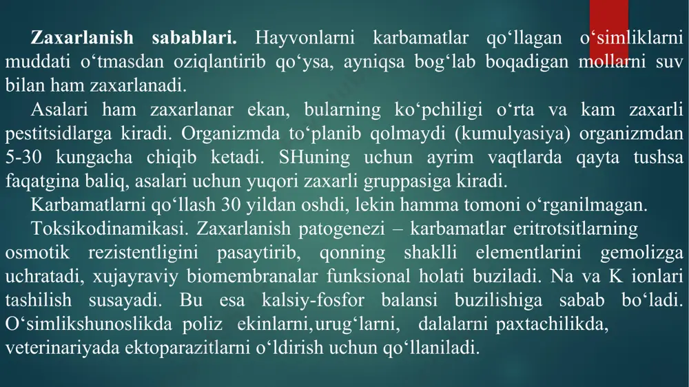 o‘qotish, konvulsiyalar. o‘pka shishi belgilari bilan o‘lim vena ichiga - lasix, aminofilin eritmasi, mannitol, glyukoza bilan karbamid - diurez normallashgunga ringer-lokk eritmasi, glyukoza-novokain aralashmasi, gemodez, poliglyuksin, kaliy xlorid, b1, b6 vitaminlari bilan glyukoza, vitamin c, vikalorid. , aminokaproik kislota, jelatinol; fraksiyonel qon quyish - har biri 100 - 150 ml, to‘g‘ridan-to‘g‘ri qon quyish yaxshiroq, yurak-qon tomir preparatlari -ko‘rsatmalarga muvofiq og‘ir zaharlanishda davolashni qonni almashtirish operatsiyasi, peritoneal dializ va takroriy tozalovchi ho‘qnalardan boshlash kerak. o‘pka shishi, xolin xlorid eritmasini glyukoza bilan davolash, asta-sekin, vena ichiga, sirepar, 0,5% lipoik kislota eritmasi - 2 ml dan kuniga 2 - 3 marta, 0,1% atropin eritmasi - 1 - 2 ml har biri venaga. engil reatropinizatsiya hodisalari paydo bo‘lgunga qadar (terining quruqligi va shilliq pardalari, kengaygan o‘quvchilar). davolash hayvonlar to‘qimalarida karbamatlarning to‘planishi va ularni chiqarilishi yo‘q qilish vaqti 1. ko‘pgina karbamat pestitsidlari zaif to‘planadi birikmalar hosil qiladi va organizmdan tez chiqariladi. istisno - tmtd, siram …