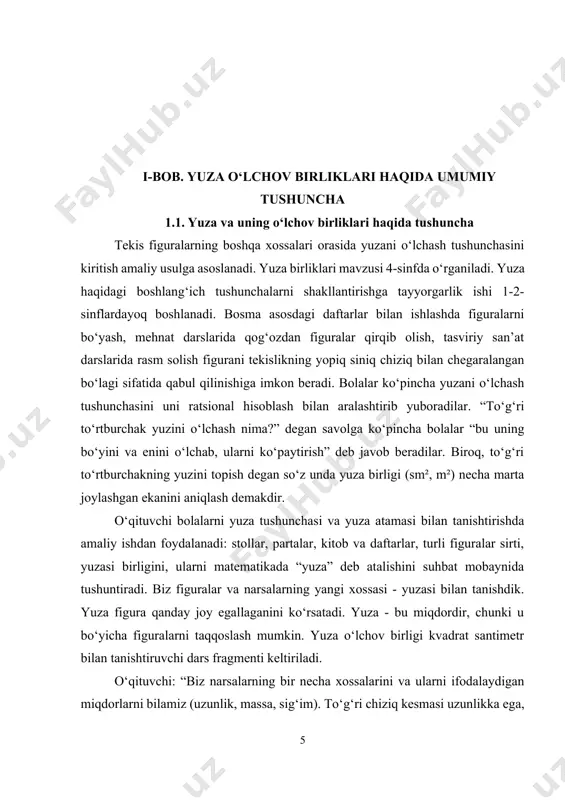 laydigan miqdorlarni bilamiz (uzunlik, massa, sig‘im). to‘g‘ri chiziq kesmasi uzunlikka ega, to‘g‘ri to‘rtburchak, uchburchak, doira, bayroqcha esa yuzaga ega. yuzalarni o‘lchash uchun katakchalarga bo‘lingan paletkadan foydalanamiz.” agar paletkaning har bir katagi tomoni 1 sm bo‘lsa, yoki 4 ta daftar katakchasini o‘z ichiga olsa, uni 1 kvadrat santimetr deyiladi. o‘quvchilar bilan frontal ish tashkil etiladi. ularga orqa tomonlari katakchalarga bo‘lingan quyidagi shakllar tarqatiladi. topshiriq: paletka yordamida quyidagi figuralar yuzalarini o‘lchang. ustma-ust tushadigan figuralar teng figuralar, ustma-ust tushmaydigan figuralar (yuzalari teng) tengdosh figuralar deyiladi. shundan so‘ng, kvadrat detsimetr bilan tanishtiriladi. buning uchun 10x10 (kvadrat santimetr) li taxtachadan foydalaniladi, u 100 ta 1 kvadrat santimetrli kataklarga ega. uning tomonlari 10 sm = 1 dm bo‘lgani uchun, uni 1 kvadrat detsimetr deyiladi. 1 dm² = 10 × 10 = 100 sm² kvadrat metr va kvadrat detsimetrlar orasidagi munosabat ham shu tariqa o‘rnatiladi. 1 m² = 100 dm² = 10000 sm² eng so‘ngi bosqichda to‘g‘ri …