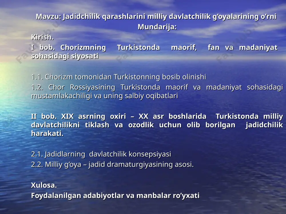 akatini atroflicha yoritish. jadidlarning milliy -davlatchilik g`oyalari va ularning tarixiy ahamiyatini batafsil yoritish. tadqiqotning nazariy-uslubiy va manbaviy asoslari: ishni tayyorlashda o`zbekiston respublikasi prezidenti i.a.karimovning vatanimizning haqqoniy tarixini asl va mahalliy manbalariga tayangan xolda o`rganish va yaratish haqidagi ko`rsatmalari, asarlari, vazirlar mahkamasining qarorlari nazariy - uslubiy asos bo`lib xizmat qildi. tadqiqotning manbaviy asosini o`zbekiston respublikasi markaziy davlat arxivining 1-3-47- jamg`arma hujjatlari, jadidlar faoliyatiga bag`ishlangan asarlar monografiya ilmiy to`plamlar darsliklar va matbuot materiallari tashkil etadi. mazkur ishni yozishda milliy istiqlol g`oyasi talablariga, shuningdek, tarixiylik, xolislik, ketma-ketlik tamoyillariga amal qilindi. ishning amaliy yangiligi va amaliy ahamiyati ishda jadidlar faoliatiga oid ma’lumotlar umumlashtirilib, tahlil etilgan yangi chiqqan adabiyotlar o`rganilib, xulosalar chiqarilgan. umuman mazkur mavzu ilk marotaba bitiruv malakaviy ishi sifatida tadqiq etilganligini alohida ta’kidlab o`tish lozim. mazkur ishning amaliy ahamiyati shundan iboratki, undan vatanimizning xix asr oxiri – xx asr boshlariga doir tarixini yozishda, shuningdek, o`rta maktab va kollejlarda o`qitilayotgan o`zbekiston tarixi, tarixiy o`lkashunoslik …