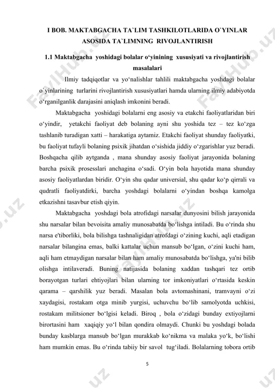 qali o‘zlashtiradilar. o‘yin orqali ular voqelikdagi narsa va xodisalarni biladilar. o‘yin bolalar xayotida shunday ko‘p qirrali faoliyatdirki , unda bolalarga mansub bo‘lgan mehnat ham, narsalar haqida tafakkur qilish ham, san'at ham , xayol, dam olish va xushchaqchaqlik manbalari ham mujassamlangandir, ya'ni mana shu proseslarni barchasi o‘yin faoliyatida namoyon bo‘ladi. shuning uchun ham o‘yin bolalar talab qilayotgan darajadagi to‘la qonli xayotni ta'min eta oladi. o‘yinning bolalarni maftun etuvchi kuchi ham shundadir. o‘yin faqat tashqi muxitdagi narsa va xodisalarni bilish vositasigina emas, balki qudratli tarbiya vositasi hamdir. ijodiy va syujetli o‘yinlarda bolalarning barcha psixik proseslari bilan birlikda individual ( shaxsiy) xislatlari ham shaklllanadi. mana shu nuqtai nazardan o‘yin maktabgacha dagi ta'lim – tarbiya ishlari orasida eng asosiy, markaziy o‘rinda turadi. demak, maktabgacha bolalarga ta`lim -tarbiya berish muvaffaqiyati ko‘p jihatdan bolalarning o‘yin faoliyatlarini maqsadga muvofiq tashkil qila biliishga bog‘liqdir. maktabgacha yoshdagi bolalar o‘yinlari quyidagicha psixologik xususiyatlarga ega.maktabgacha yoshidagi bolalar o‘yinlarining birinchi harakteri xususiyati, …