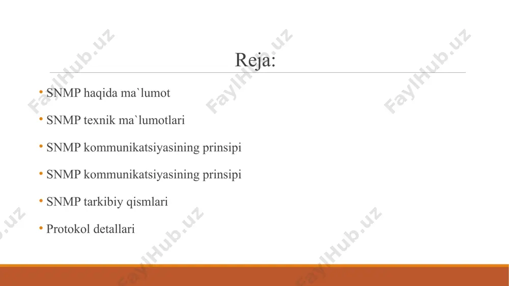 ar turiga mansub bo‘lishi mumkin: ip-telefonlar, ip-videokameralar, kompyuterlar-hostlar, printerlar va boshqalar. agent deb boshqariluvchi yohud boshqarilayotgan qurilma interfeysiga ulangan qurilmada joylashgan tarmoqni boshqaruvchi dasturiy modulga aytiladi. agent axborotni boshqarish bo‘yicha lokal bilimga ega va bu axborotni snmp ga xos bo‘lgan shaklga o‘tkazadi yoki undan undan olib o‘zgartiradi. tarmoq boshqaruv tizimi (nms) tarkibiga boshqarilayotgan qurilmani kuzatuvchi va nazorat qiluvchi ilovalar kiradi. nms tarmoq boshqaruvi uchun zarur bo‘lgan ma’lumotlarni qayta ishlashning asosiy qismini ta’minlaydi. istalgan boshqaruvdagi tarmoqda bitta yoki bir nechta nms bo‘lishi mumkin. protokol detallari snmp tcp/ip ning amaliy pog‘onasida ishlaydi (osi modelining yettinchi pog‘onasi). snmp agenti 161- udp portidan so‘rov qabul qiladi. menejer manbaning istalgan mumkin bo‘lgan portidan agent portiga so‘rov jo‘natishi mumkin. agentdan javob menejerning manbadagi portiga jo‘natiladi. menejer 162-portdan bildirishnoma oladi (traps va inform requests). agent ruhsat bo‘lgan istalgan portdagi bildirishnomani ishlab chiqishi mumkin. foydalanilgan adabiyotlar ru.wikipidea.org ziyonet.uz google.com uz.infocom.uz image2.jpg image3.jpg image4.png