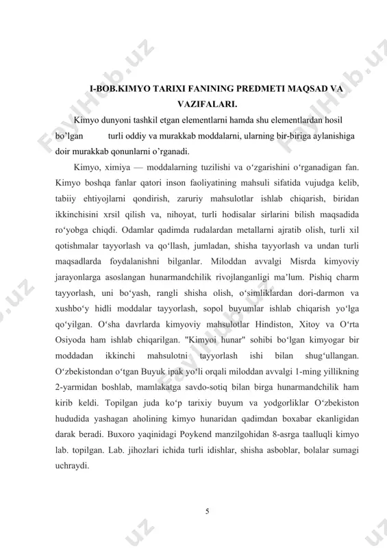 ydirish, pishirish, toblash, quruq haydash, eritish, kristallanish, ajratish va boshqa usullar haqida maʼlumotlar keltiriladi. mazkur manbada oddiy metallardan oltin olish gʻoyasi ham ilgari surilgan boʻlib, mavhum bu izlanish fanning rivojlanishiga maʼlum darajada toʻsqinlik qildi, olimlar fikrini boshqa — amalga oshmaydigan yoʻnalishga burib yubordi. iskandariya traktatlari maʼlumotlaridan foydalangan arab olimlari tez orada bir nechta yangi moddalar, jumladan, nitrat kislota, tuzlar va boshqalarni olishni kashf qildilar. misrlik olimlar tilidagi kimyoga arablar "al" qoʻshimchasini qoʻshib mashhur "alkimyo"ga asos soldilar. natijada koʻpgina ilmiy asarlar, kitoblar, maqolalar va tajribalar ifodalari paydo boʻldi. keyinchalik bu soʻz yevropa mamlakatlarida "ximiya" nomi bilan ommalashdi. muhammad xorazmiy 10-asrda "kimyo" soʻzi arabcha "kamoyakmi", yaʼni "yashirmoq", "berkitmoq" ni anglatadi, deydi. turk olimi toshkoʻpir-zodaning fikriga koʻra, mazkur soʻz yahudiycha "kimyax" dan olingan. baʼzi olimlar "kimyo" soʻzi misrning qad. nomi "xem" yoki "hame"dan olingan degan fikrni ilgari surishadi. bu soʻz "qora" yoki "qoramtir" maʼnosini anglatib, manbalarda "kimyo" "misr fani" degan maʼnoda keladi. boshqa …