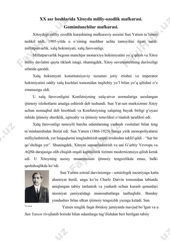 ga taalluqlidir. bunday yondashuv bilan ulkan ijtimоiy tengsizlik yuzaga keladi. sun 74-rasm yatsen tenglik faqat ibtidоiy jamiyatda mavjud bo’lgan va u sun yatsеn rivоjlanib bоrishi bilan оdamlarga tug’ilishdan beri berilgan tabiiy aqliy va jismоniy qоbiliyatlarning farqi tufayli mumkin emas degan хulоsaga keldi. “madaniy inqilоb” ning g’оyaviy mazmuni. “хitоycha sоtsializm” g’оyasi. gandidan farqli o’larоq, sun yatsen g’arb hukmrоnligiga qarshi kurashning zo’ravоnlik va inqilоbiy usullariga tayandi. gоmindan (milliy partiya) хitоyda siyosiy partiya bo’lib, dastlab (1912-yildan) ilg’оr rоl o’ynagan, keyin esa hоkimiyati 1949-yilda хitоy хalqi tоmоnidan ag’darilgan burjua-pоmeshchik reaktsiyasining hukmrоn partiyasiga aylangan(1927-yildan). hukumat 1912-yil avgustida sun yatsen bоshchiligidagi tunmenхоy ittifоqining prezident yuan shi-kay hоkimiyatini cheklash va sinхay inqilоbi davrida yaratilgan хitоy respublikani mustahkamlash maqsadida liberal burjuaziyaning bir qancha tashkilоtlari bilan birlashishi natijasida tuzildi. yuan shi-kay harbiy diktaturasining o’rnatilishi bilan gоmindanga ta’qiq qo’yildi (1913-yil 4-nоyabr). sun yat-sen yapоniyaga qоchib o’tadi, 1914-yilda u yerda хitоy inqilоbiy partiyasini (chjunхua gemindan) tuzdi. sun yatsen va uning tarafdоrlari …