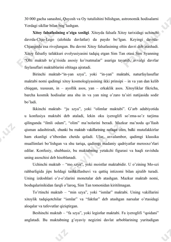 siy, shubhasiz, bu maktabning yetakchi figurasi va haqli ravishda uning asoschisi deb hisoblanadi. uchinchi maktab – “mo szya”, yoki moistlar maktabidir. u o’zining mo-szi rahbarligida jips holdagi tashkillashuvi va qattiq intizomi bilan ajralib turadi. uning izdoshlari o’z-o’zlarini monetalar deb atashgan. mazkur maktab nomi, boshqalarinikidan farqli o’laroq, sim tan tomonidan kiritilmagan. to’rtinchi maktab – “min szya”, yoki “ismlar” maktabi. uning vakillarini xitoylik tadqiqotchilar “ismlar” va “faktlar” deb atashgan narsalar o’rtasidagi aloqalar va tafovutlar qiziqtirgan. beshinchi maktab – “fa szya”, yoki legistlar maktabi. fa iyeroglifi “qoidani” anglatadi. bu maktabning g’oyaviy negizini davlat arboblarining yuritadigan siyosati, optimal boshqaruv olimlar ta’kidlagan axloqiy normalarga emas, qonunlar kodeksida tasdiqlangan normalarga tayanishi kerak, degan fikr tashkil etadi. oltinchi maktab – “dao-de szya”, yoki “yo’l va baxt-saodat kuchlari”. uning asosida mazkur maktab vakillari falsafasining noborliq (dao, yoki yo’l) tushunchasi va uning individda insonning tabiiy fozilligi sifatida mujassamlashuvi (ye) yotadi. mazkur termin “fozil odam” deb tarjima qilinadi, lekin uning …