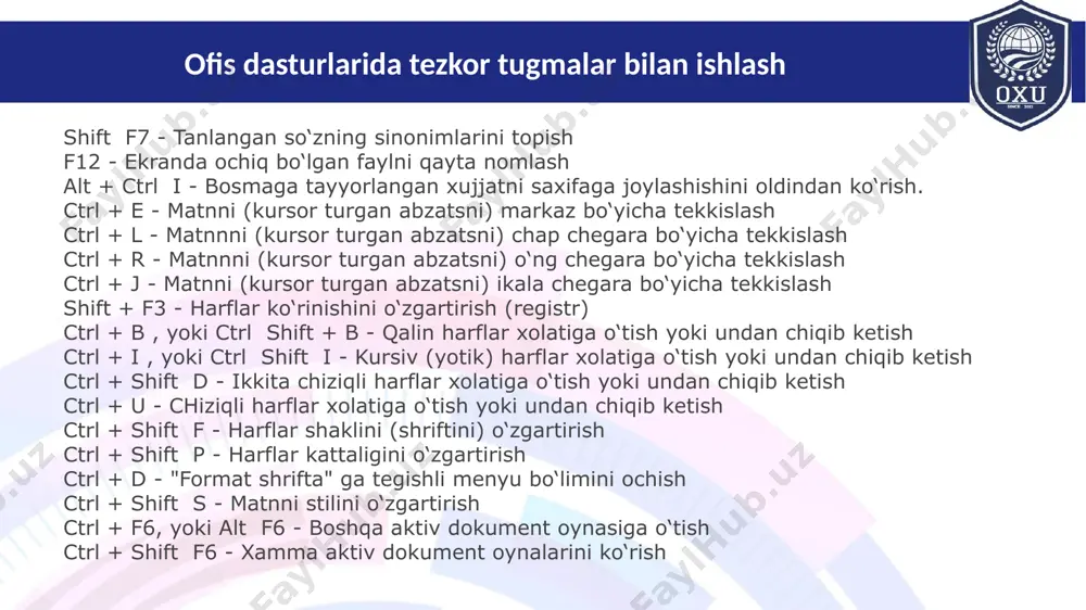 crosoft word matn muharririning keng imkoniyatlaridan foydalanish. rasm o‘rnatish. microsoft word dasturida hujjat tarkibiga o‘rnatish uchun mo‘ljallangan rasmlar to‘plami mavjud. ulardan hujjatlarni bezashda foydalanish mumkin. hujjatga rasm o‘rnatish uchun quyidagi ammallar ketma-ketligi bajariladi: 1. rasm o‘rnatilishi kerak bo‘lgan joyga kurso’r o‘rnatiladi; 2. gorizontal menyu satridagi vstavka risunok kartinki buyruqlari orqali muloqotli oyna hosil qilinadi. “kolleksiya kartinok. . .” bandi tanlanadi. 4. “kolleksii mirosoft offise” tasdiqlanib, rasmlar to‘plamidan kerakli rasm tanlanadi. 5. rasm tanlanib buferga olinadi va xujjat tarkibiga o‘rnatiladi.shakl formatni o‘zgartirish 11 e’tiboringiz uchu rahmat 12 image1.png image2.png image3.png image4.jpg image5.png /docprops/thumbnail.jpeg