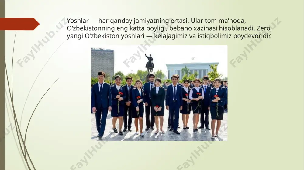 va salohiyatini to‘la namoyon etib, hamma sohada yuksak natijalarni qo‘lga kiritishmoqda. bugungi kunda prezident maktablari, ixtisoslashtirilgan maktablarning faoliyati, oltin, kumush medal joriy etilgani, fan olimpiadasi gʻoliblari, “zulfiya”, “mard oʻgʻlon” “kelajak bunyodkori” kabi davlat mukofotlarini joriy etilganining tub maqsadi, qonunning hayotiyligi va ijrosini taʼminlashdir alohida ta’kidlash joiz, “2017–2021-yillarda o‘zbekiston respublikasini rivojlantirishning beshta ustuvor yo‘nalishi bo‘yicha harakatlar strategiyasi”da va 2022-2026-yillarga mo‘ljallangan yangi o‘zbekiston taraqqiyot strategiyasida ham bu masala alohida o‘z aksini topdi. prezident shavkat mirziyoyev tomonidan ayni davrda insoniyat tarixidagi eng ko‘p yoshlar qatlami bilan yashayotganimizni inobatga olgan holda bmt minbarida yoshlar huquqlari to‘g‘risidagi bmt konvensiyasini qabul qilish taklifi ilgari surilgani ham xalqaro hamjamiyat tomonidan iliq qarshilandi. o‘zbekiston rahbari bunga asos qilib, bugun dunyo miqyosida yoshlarning soni ikki milliarddan ortib ketgani, xalqaro terrorizm va esktremizm shiddat bilan o‘sib borayotgan bir paytda yoshlarga himoya zarurligini muhim omillar sifatida asoslab berdi. shavkat mirziyoyevning o‘zbekiston respublikasi prezidenti sifatida birinchi imzolagan qonun hujjati – 2016-yil 14-sentyabrdagi …