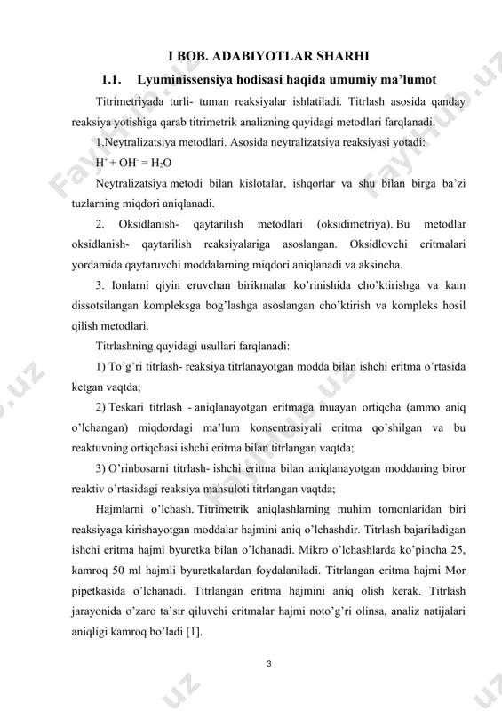 bajariladigan ishchi eritma hajmi byuretka bilan o’lchanadi. mikro o’lchashlarda ko’pincha 25, kamroq 50 ml hajmli byuretkalardan foydalaniladi. titrlangan eritma hajmi mor pipetkasida o’lchanadi. titrlangan eritma hajmini aniq olish kerak. titrlash jarayonida o’zaro ta’sir qiluvchi eritmalar hajmi noto’g’ri olinsa, analiz natijalari aniqligi kamroq bo’ladi [1]. agar titrlashga juda kam yoki juda ko’p eritma sarflansa, titrlanadigan eritmaning boshqa hajmini olish kerak, toki titrlashga ketgan eritmaning hajmi byuretka umumiy hajmining 1/3 dan 2 /3 gacha qismini tashkil qilsin. ishchi eritmalar. ishchi eritma –deb odatda titrimetrik aniqlash o’tkaziladigan eritmaga aytiladi, ya’ni u bilan titrlanadi. ishchi eritma yordamida aniqlash o’tkazish uchun uning aniq konsentrasiyasini bilish kerak. titrlangan eritmalar (aniq konsentrasiyali eritmalar) tayyorlashning ikkita metodi bor. 1. analitik tarozida olingan aniq naveska o’lchov kolbasida eritiladi, ya’ni erigan moddaning miqdori va eritmaning hajmi aniq ma’lum bo’lgan eritma tayyorlanadi. bu holda eritmalar tayyorlangan titrli eritmalar deyiladi. 2. taxminan kerakli konsentrasiyali eritma tayyorlanadi, aniq konsentrasiyasini esa tayyorlangan titrli boshqa …
